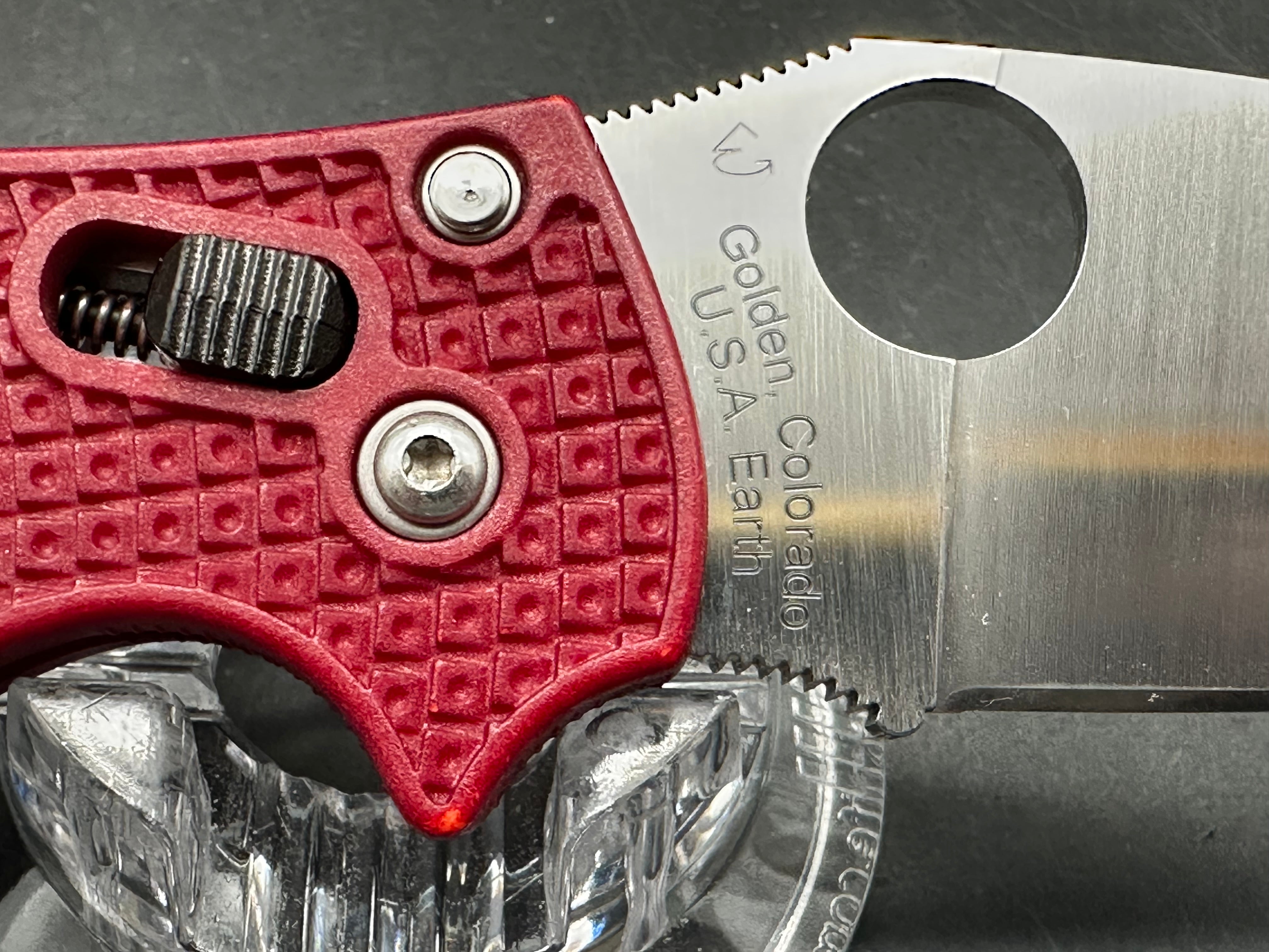 Spyerdco Manix 2 S90V steel with red RIT dyed FRN scales (original orange scaled model)
