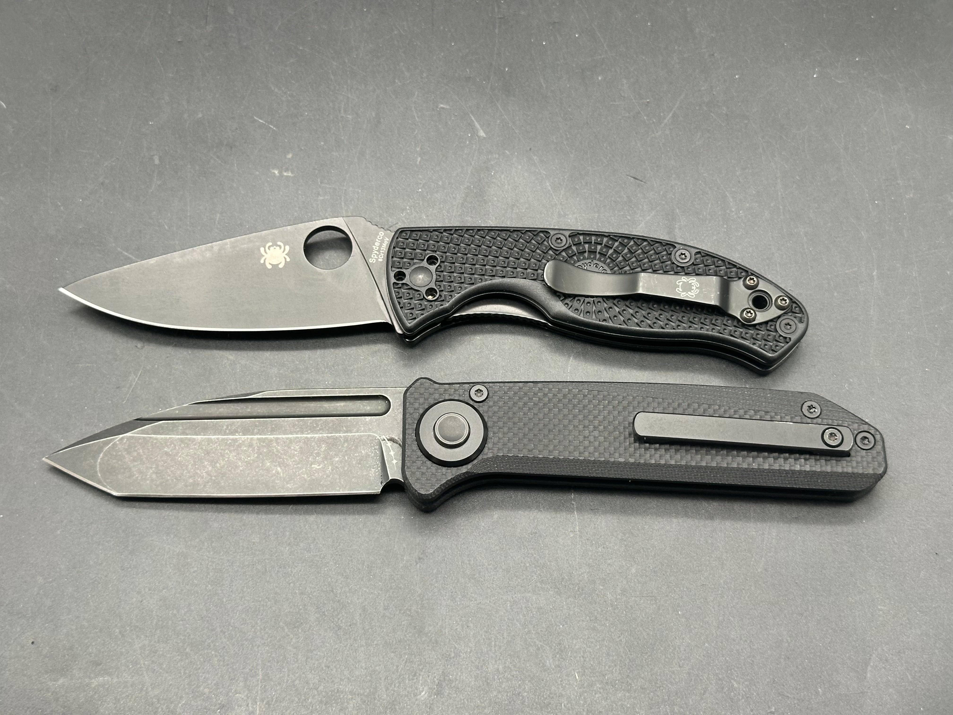 2 knife Bundle Spyderco Tenacious blacked out and Orion Knives Ares 14C28N black G-10