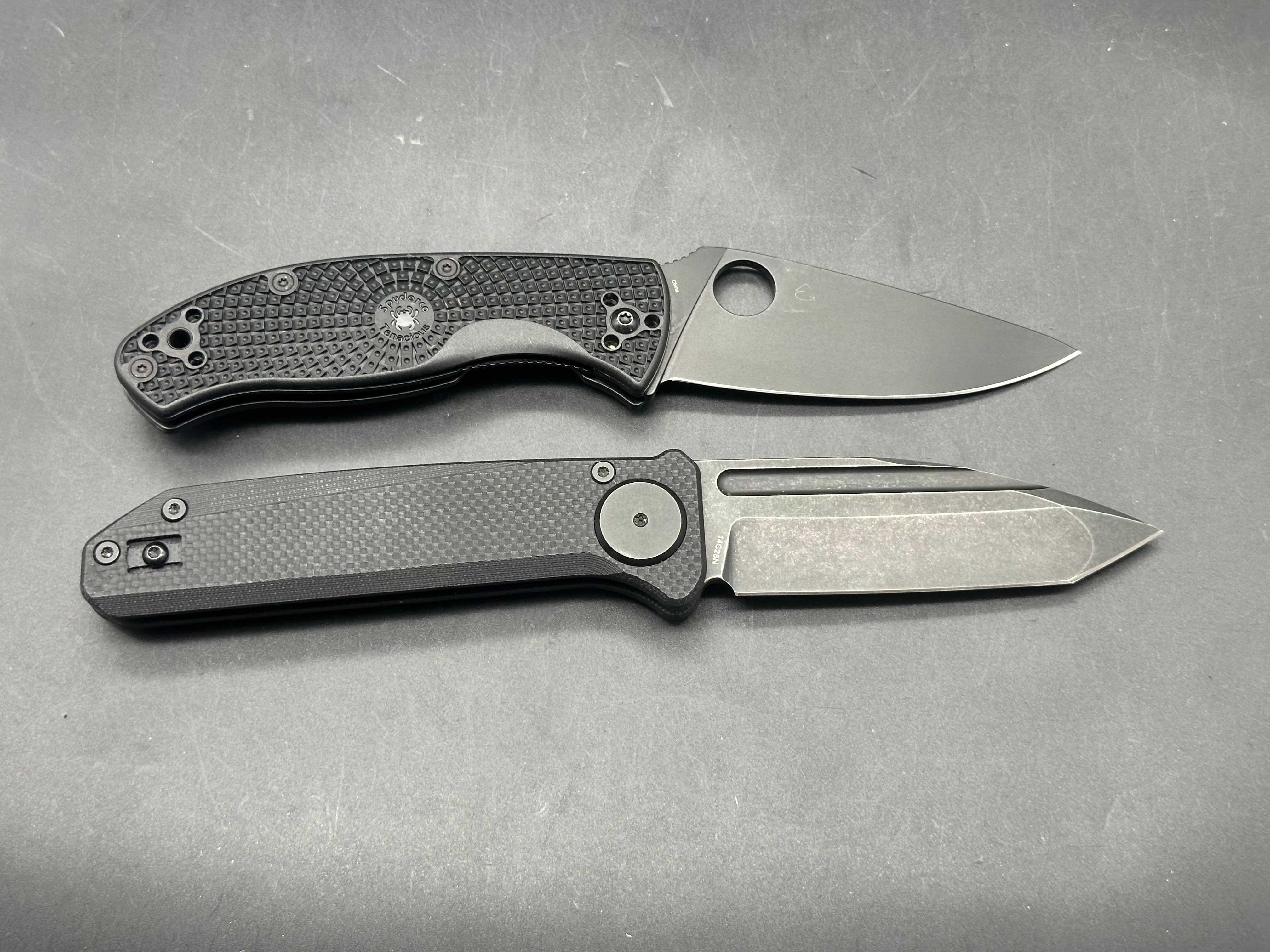 2 knife Bundle Spyderco Tenacious blacked out and Orion Knives Ares 14C28N black G-10
