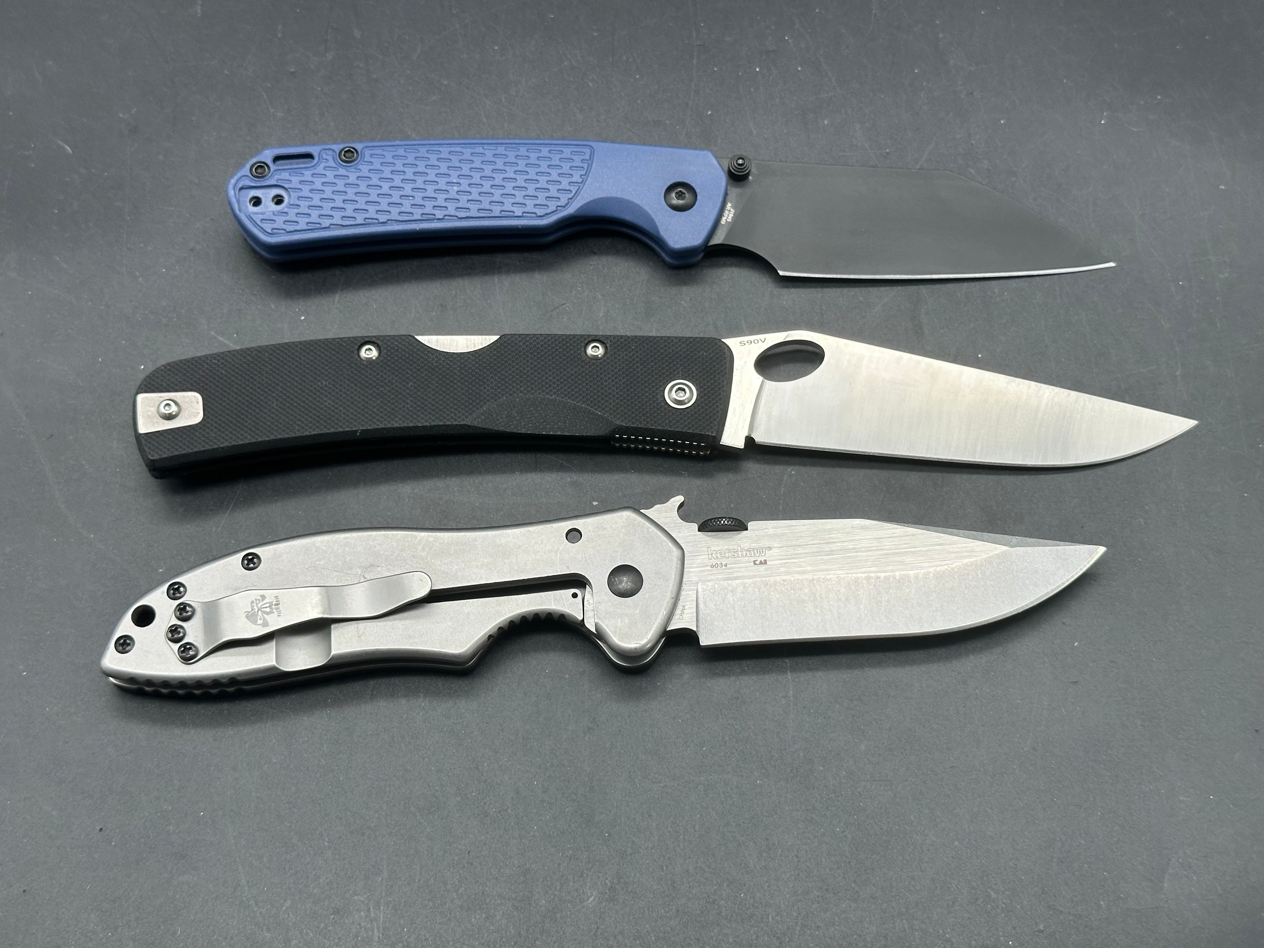 3 knife Bundle Manly Knives Peak S90V with black G-10, CJRB Alt-Pyrite AR-RPM9 with blue FRN, Kershaw Emerson CQC-6k D2