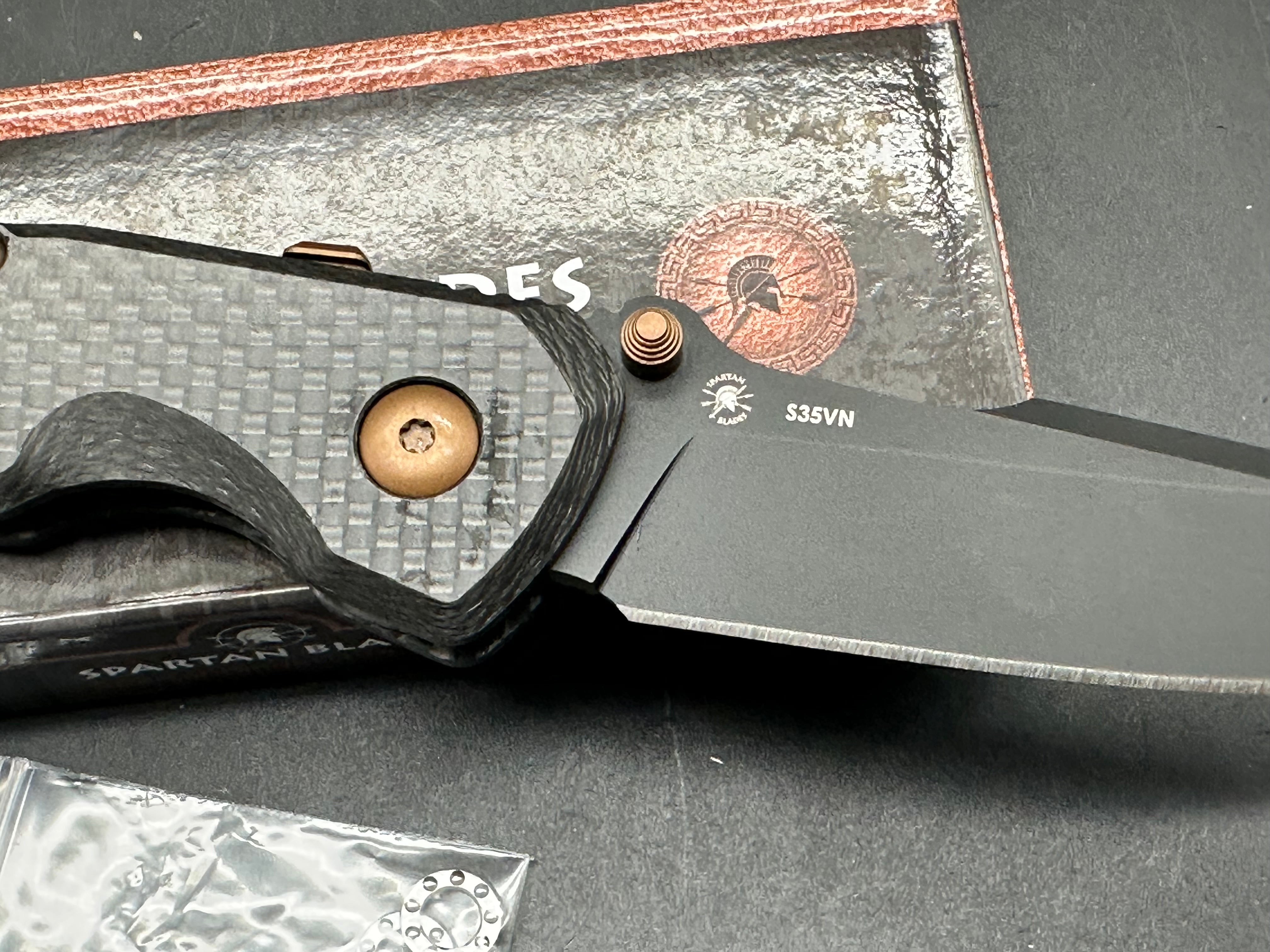 SPARTAN BLADES SOTER FOLDING KNIFE CARBON FIBER 3.25" S35VN SPEAR POINT BLACK Skiff bearings installed.