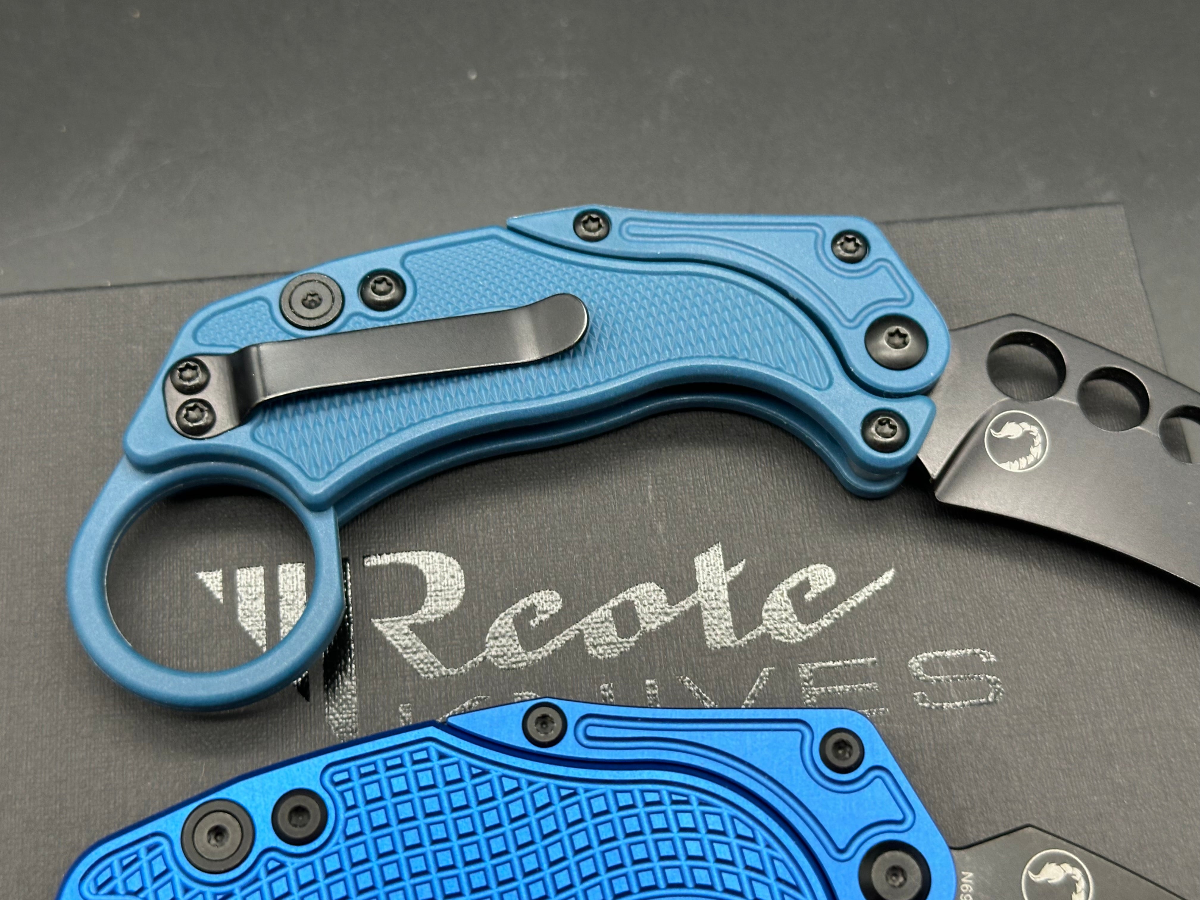 Reate EXO-K Gravity Karambit Button Lock Knife Blue Aluminum (3.1" Black PVD)