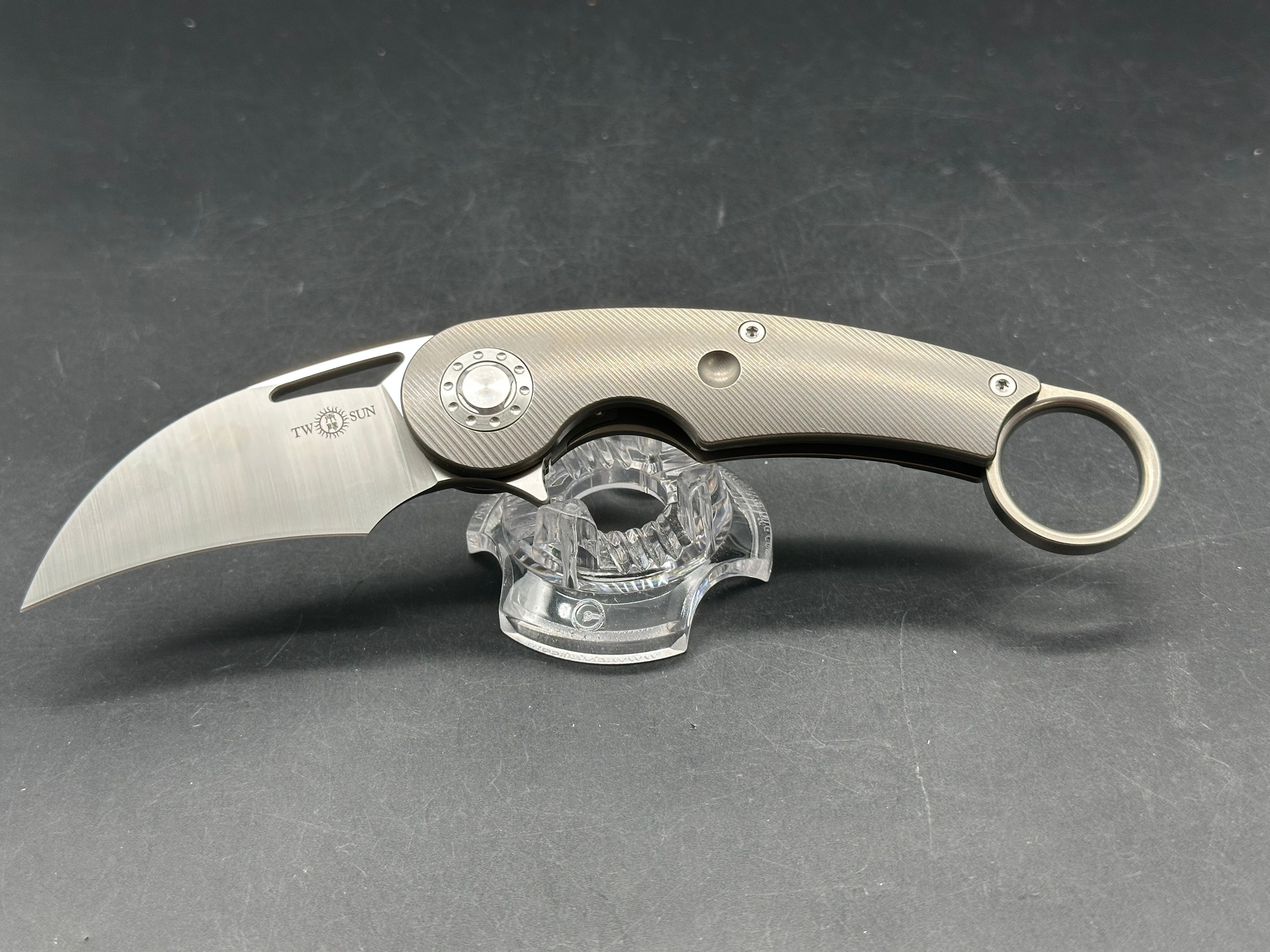 TwoSun 172 Karambit: Nightmorning Tepe design. 3 inch S90V blade. Titanium clip with ceramic ball bearing