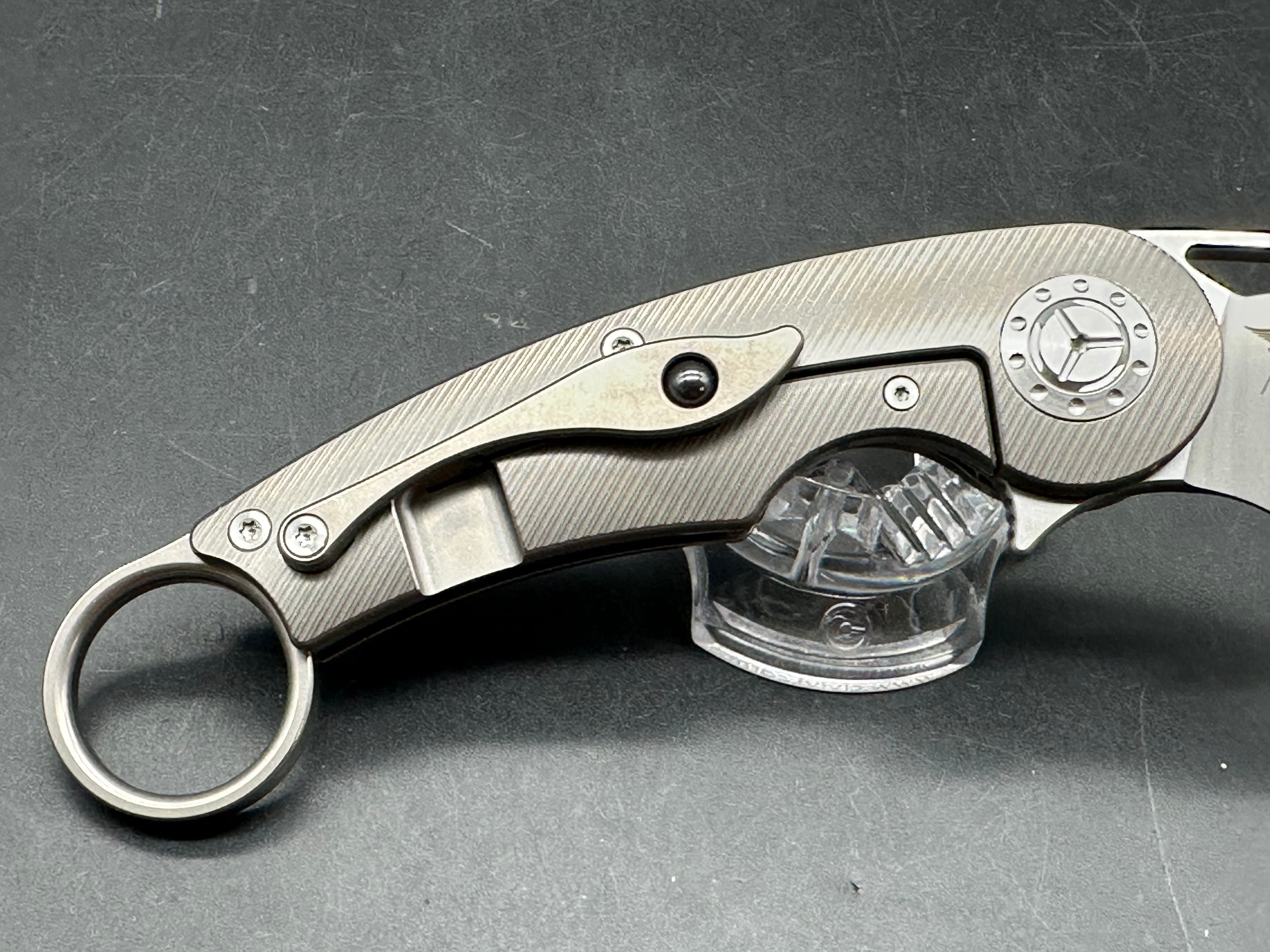 TwoSun 172 Karambit: Nightmorning Tepe design. 3 inch S90V blade. Titanium clip with ceramic ball bearing