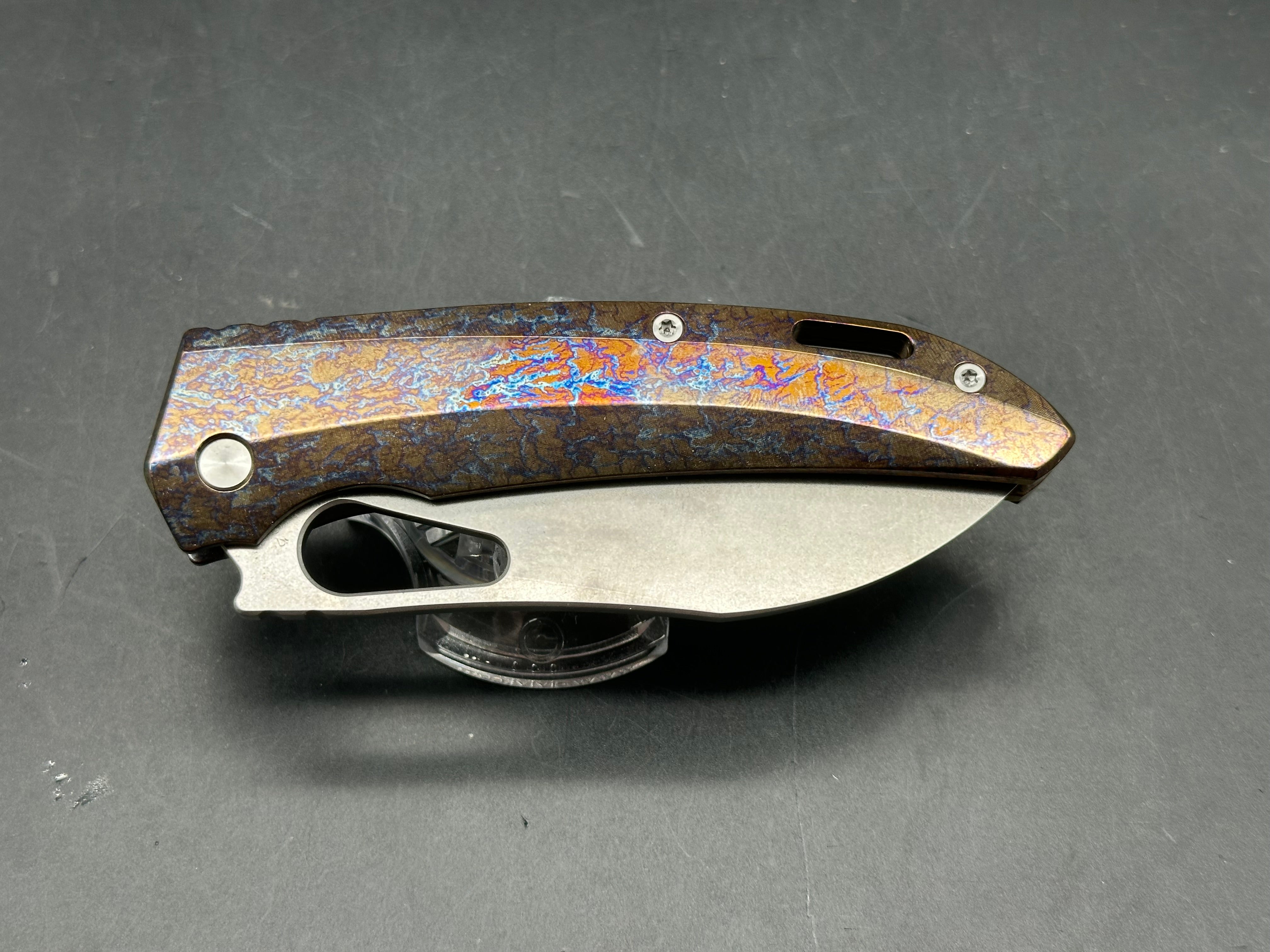 TwoSun TS376 3.66 satin finished D2 blade. Flamed titanium scales and backspacer