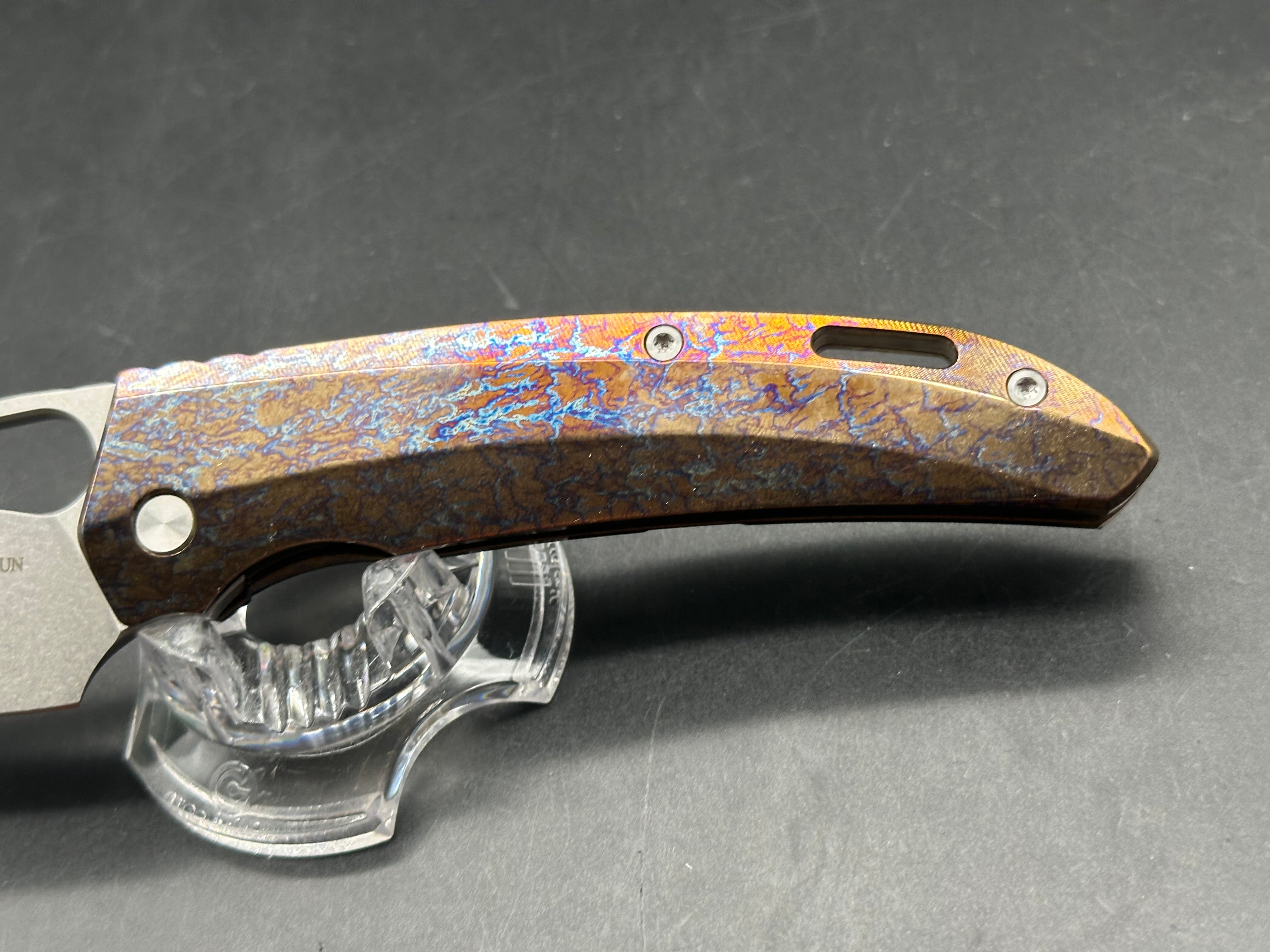 TwoSun TS376 3.66 satin finished D2 blade. Flamed titanium scales and backspacer