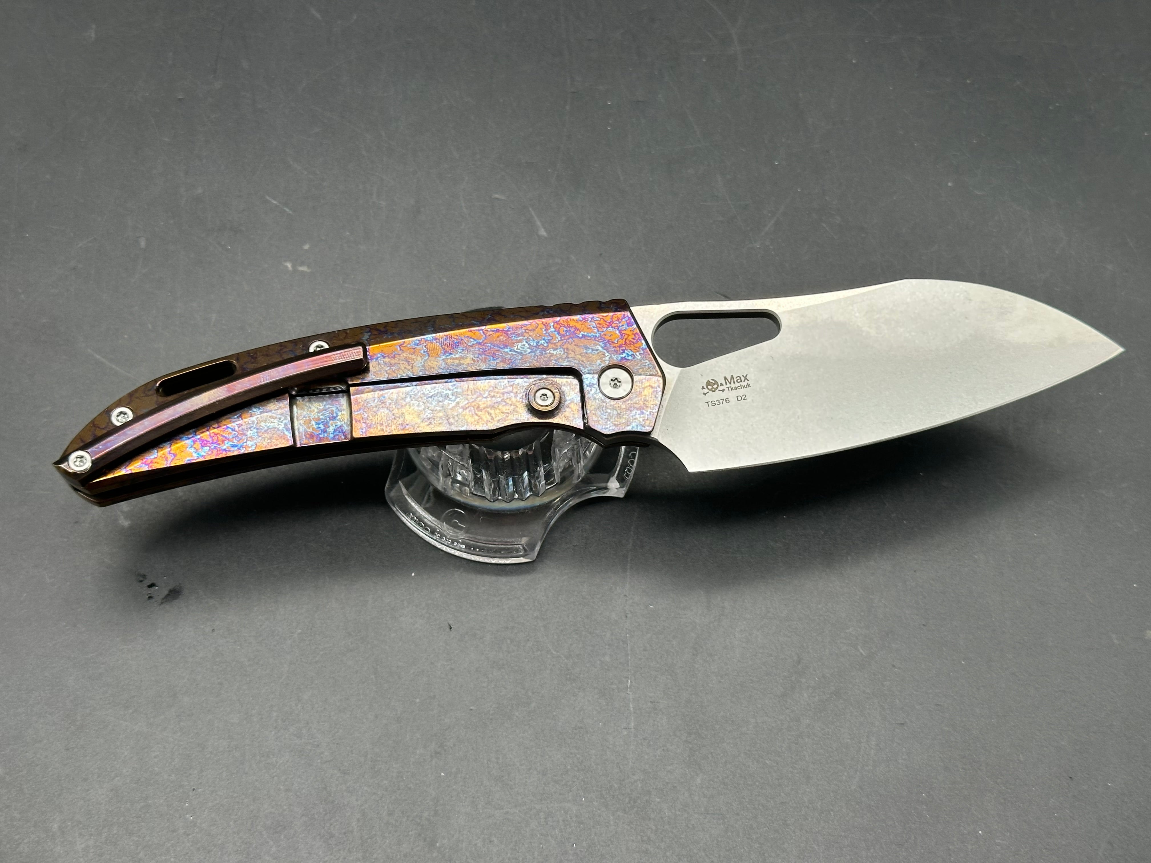 TwoSun TS376 3.66 satin finished D2 blade. Flamed titanium scales and backspacer
