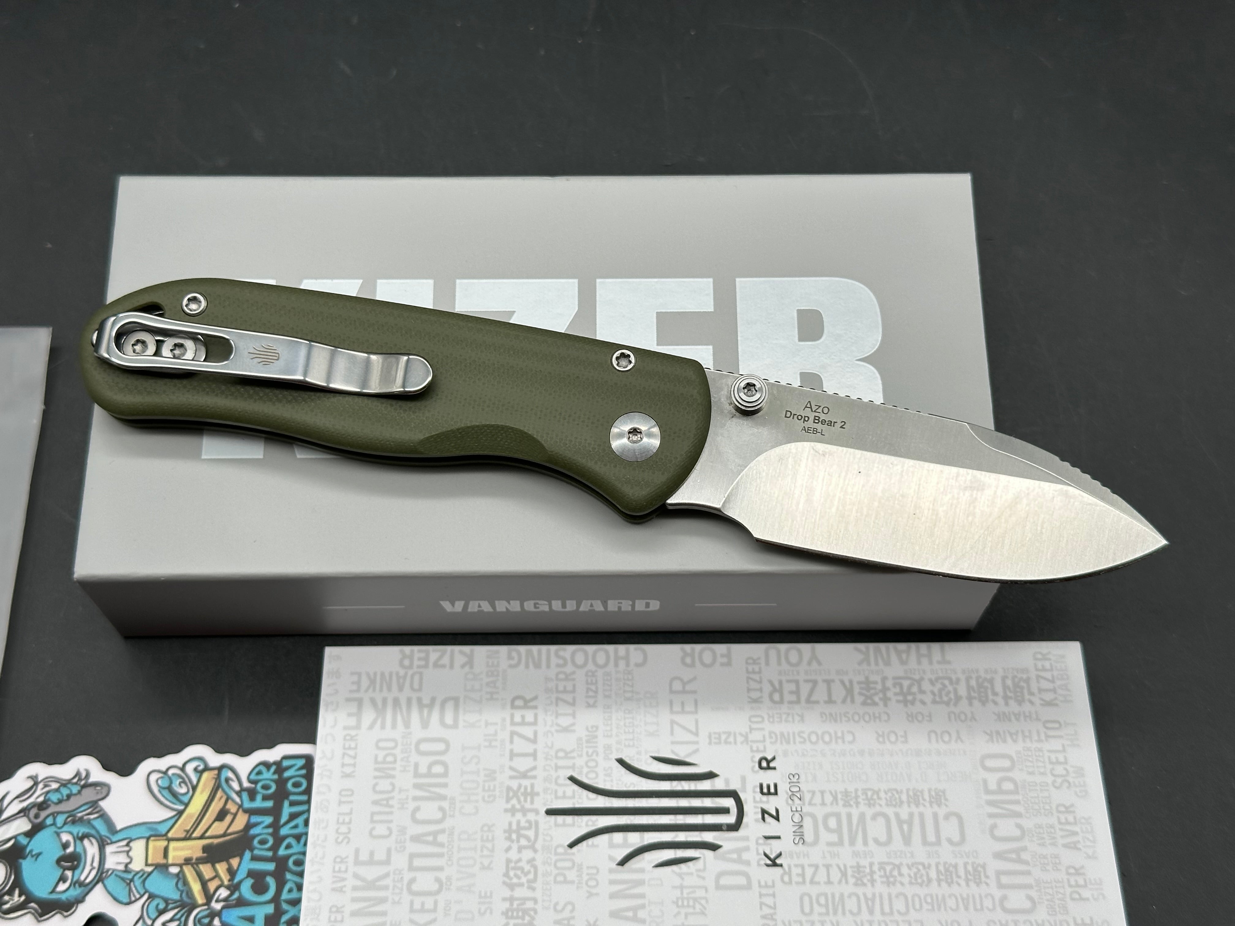 Kizer Drop Bear 2 2.92" Nitro-V Satin Blade with OD Green G10 Scales and Top Liner Lock
