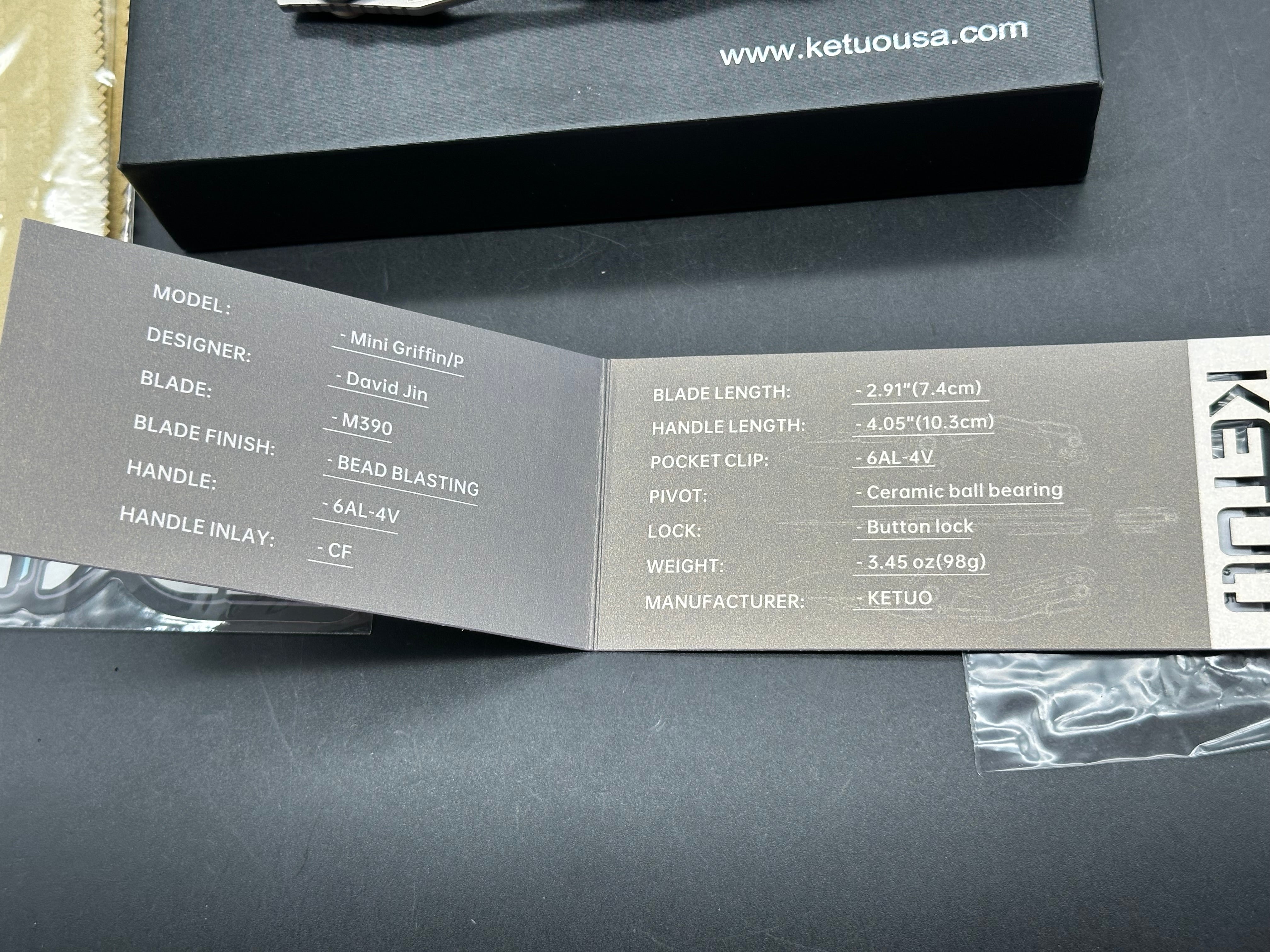 Ketuo Mini Griffin (NEW), 2.91" M390 Bead Blasted Drop Point Blade with Bead Blasted Titanium and Carbon Fiber Scales