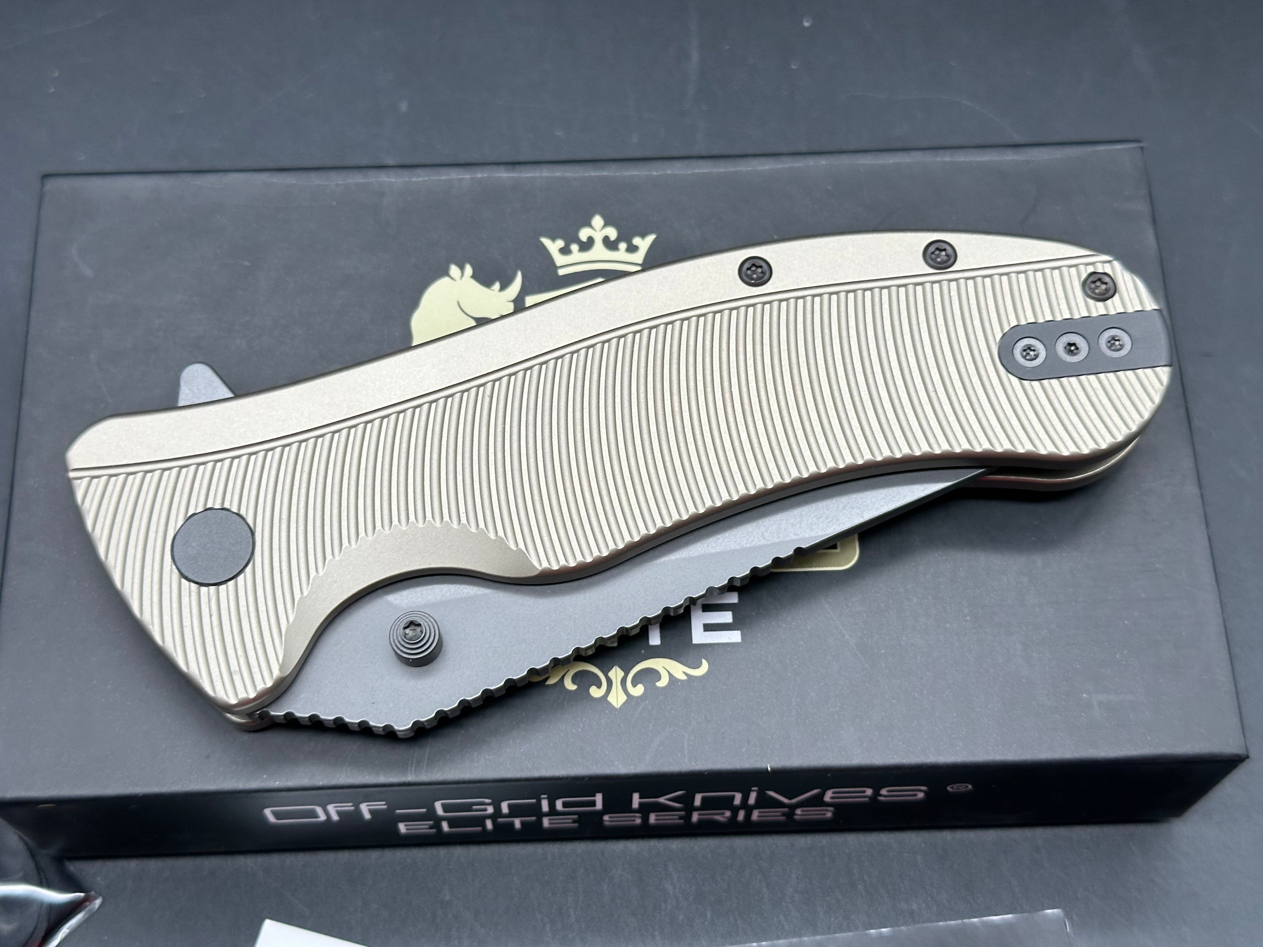 Off Grid Rhino Elite (NEW), 4" CPM MagnaCut Graywashed Clip Point Blade with Bronze Anodized Titanium Scales