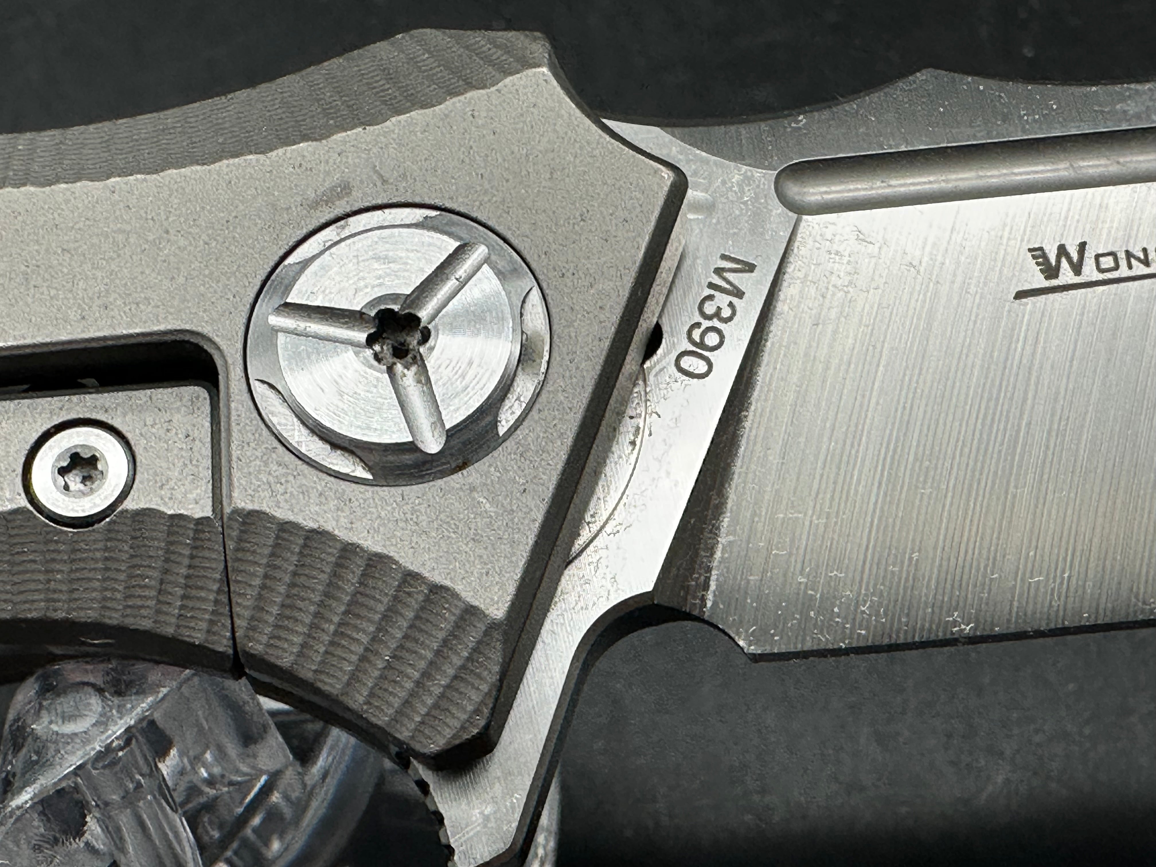 TwoSun TS165 Wong design. 3.5 inch satin finish, flat grind Bohler M390 blade. Titanium frame