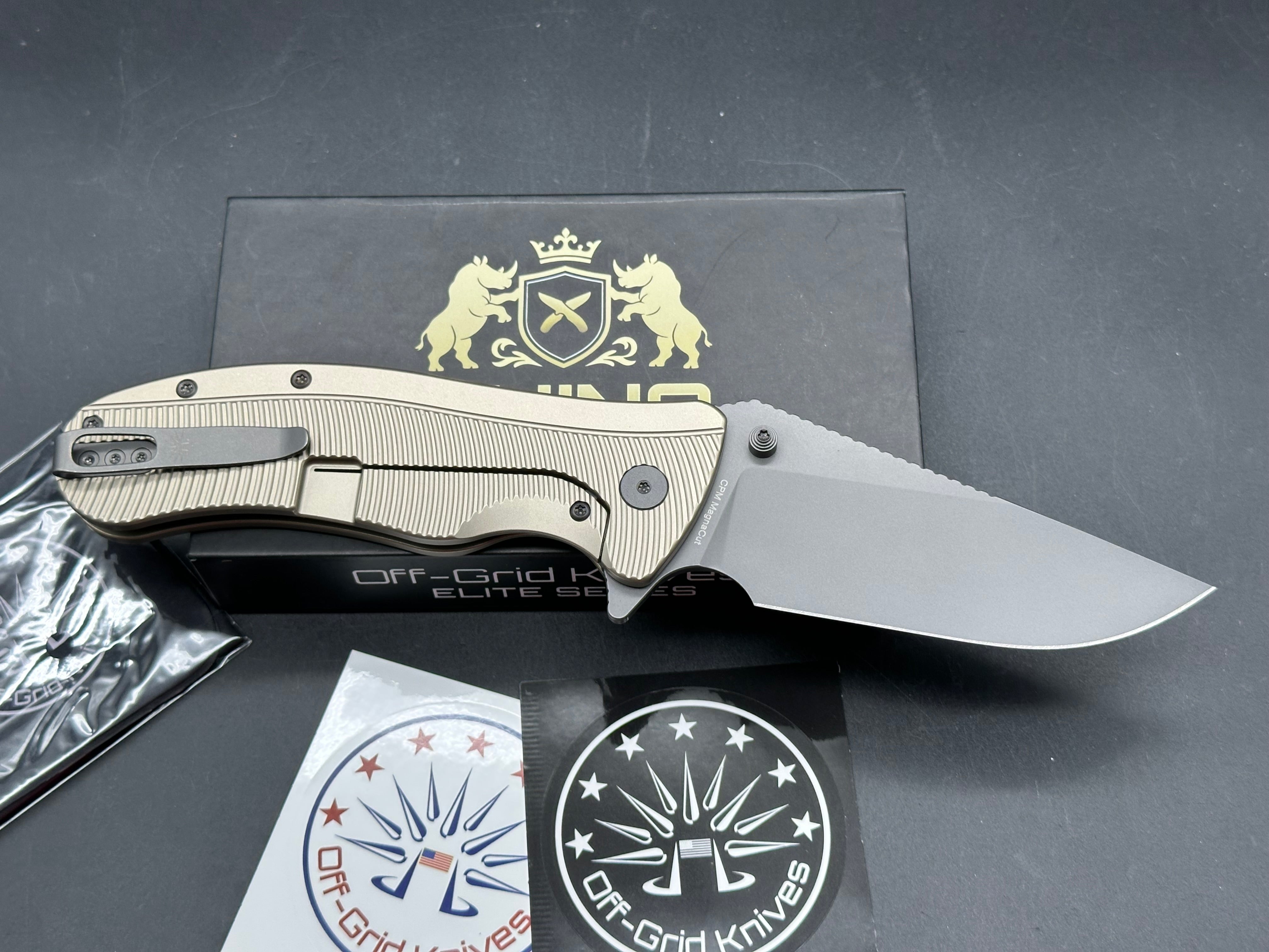 Off Grid Rhino Elite (NEW), 4" CPM MagnaCut Graywashed Clip Point Blade with Bronze Anodized Titanium Scales
