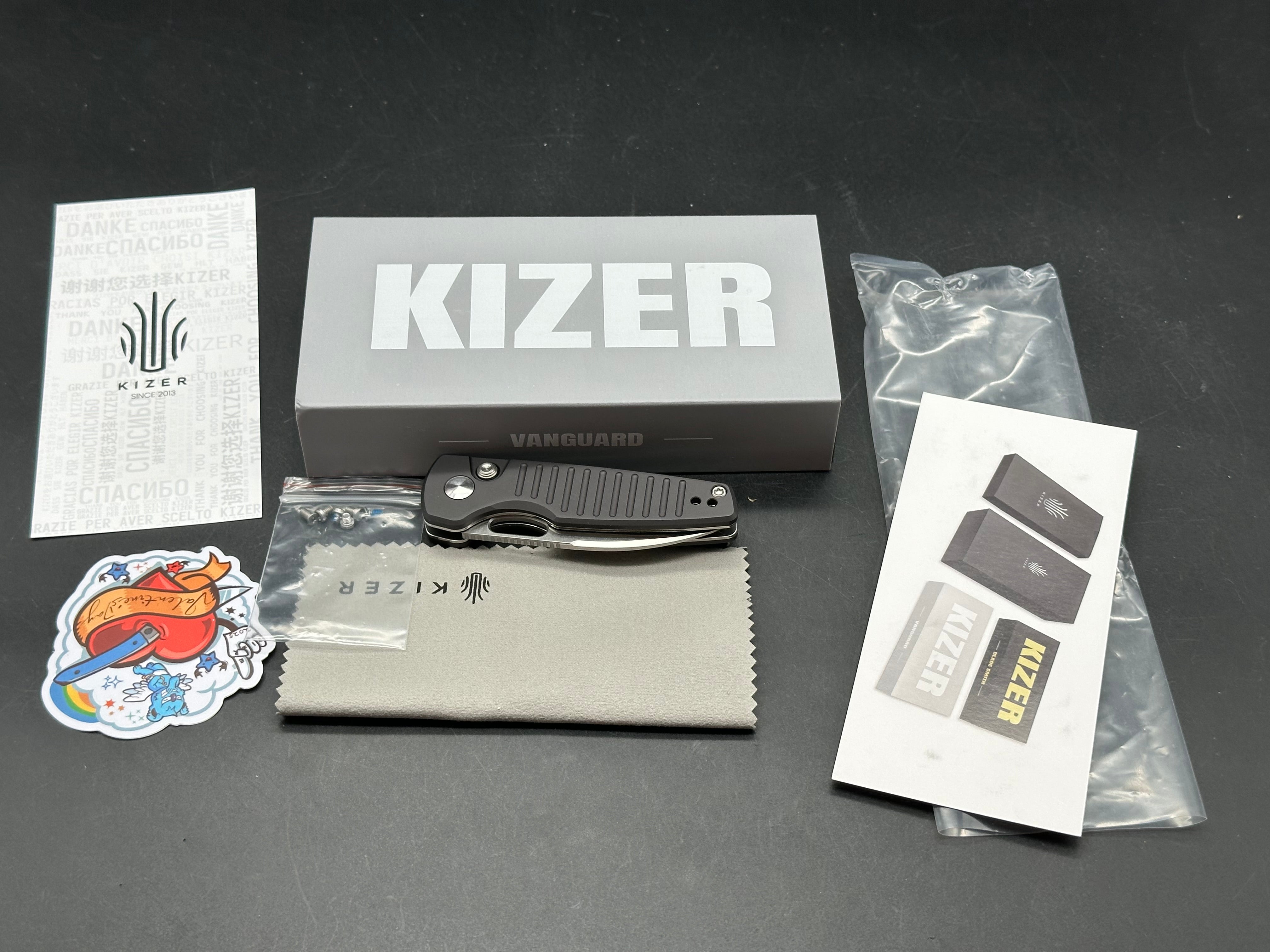 Kizer Parakeet (NEW), 2.46" Nitro-V Satin Drop Point Blade with Dark Gray Aluminum Scales