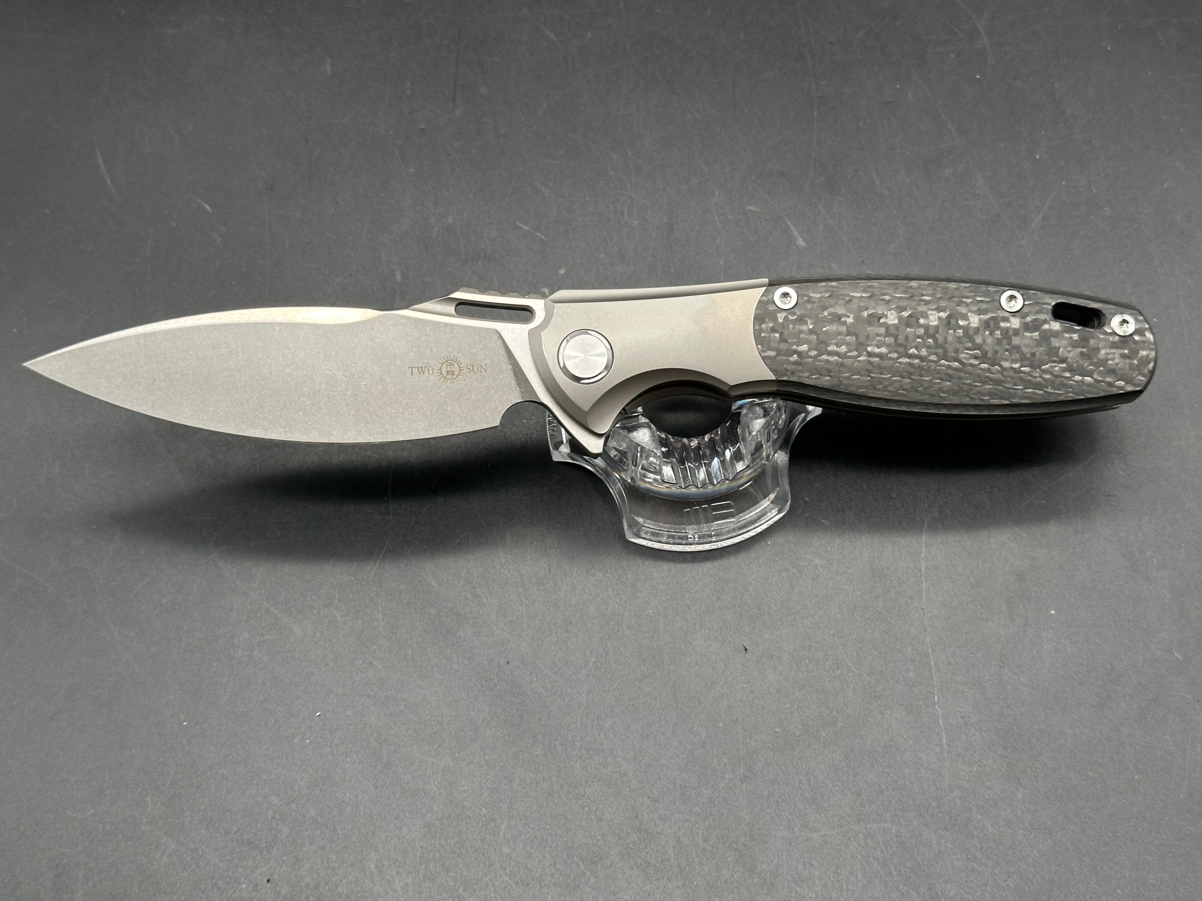 TwoSun TS162 Wong design. 3.66 inch CPM-S90V blade. Frame lock. Titanium and carbon fiber scales