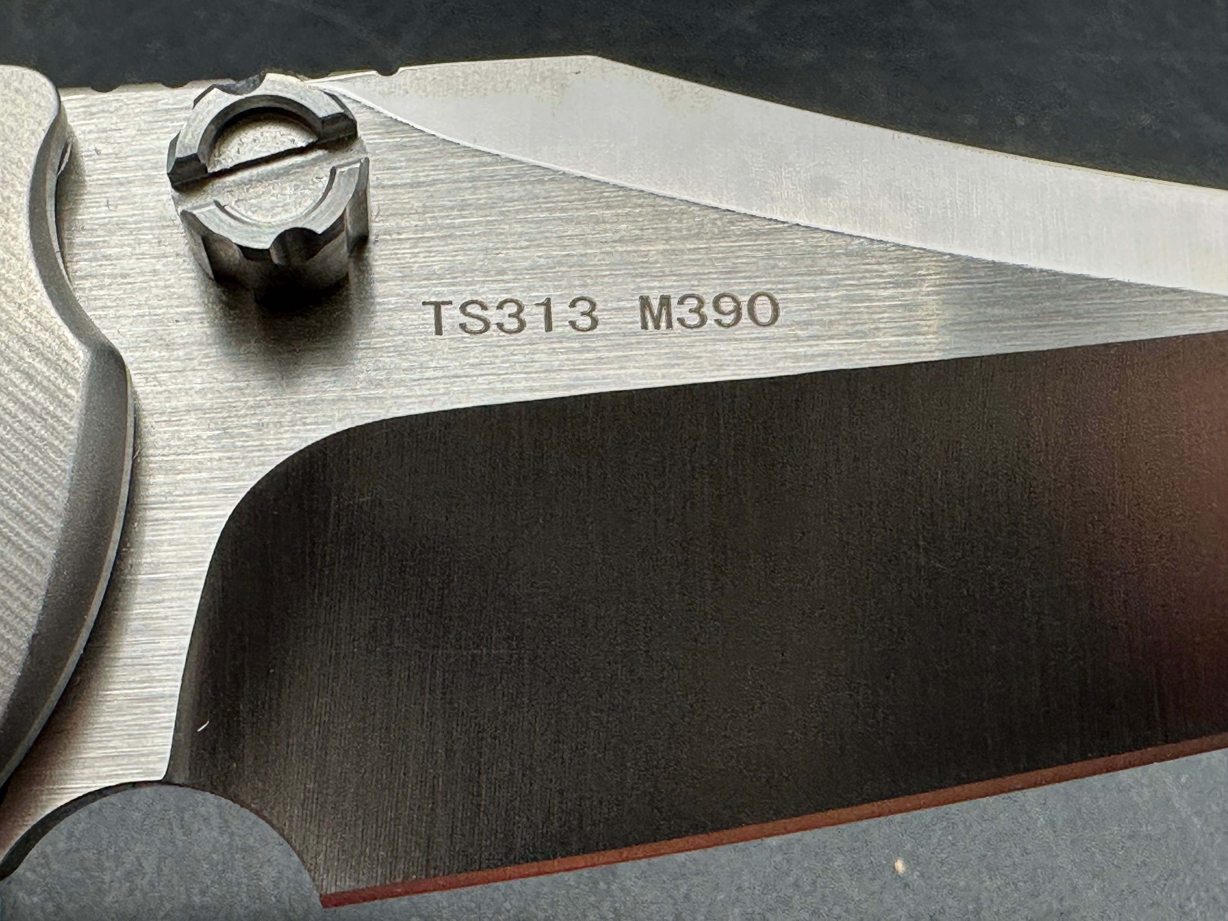 TwoSun TS313 / 3.375 inch Bohler M390 blade. Titanium handle. Button lock
