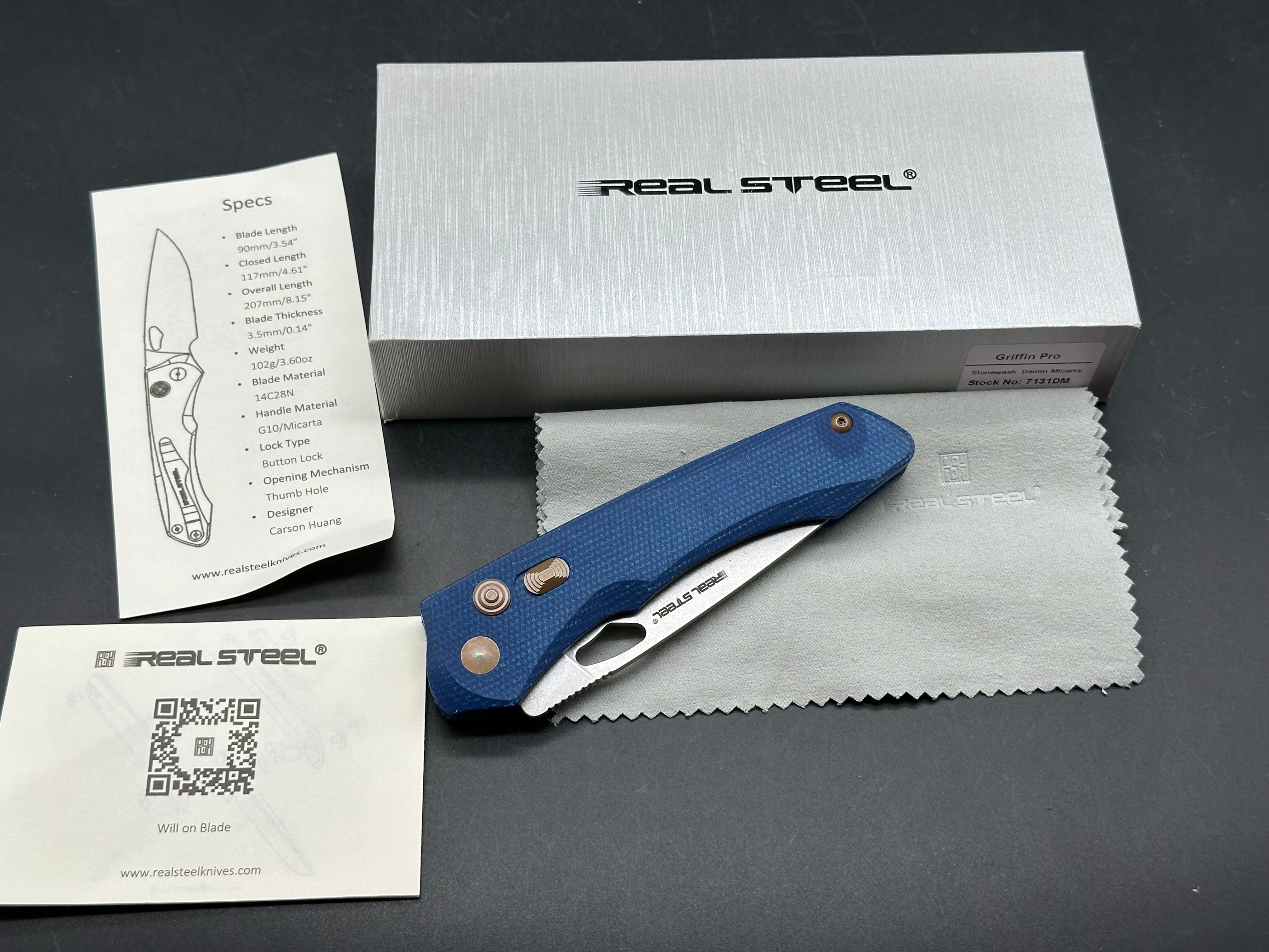 Real Steel Griffin Pro blue denim handle button lock 14C28N blade