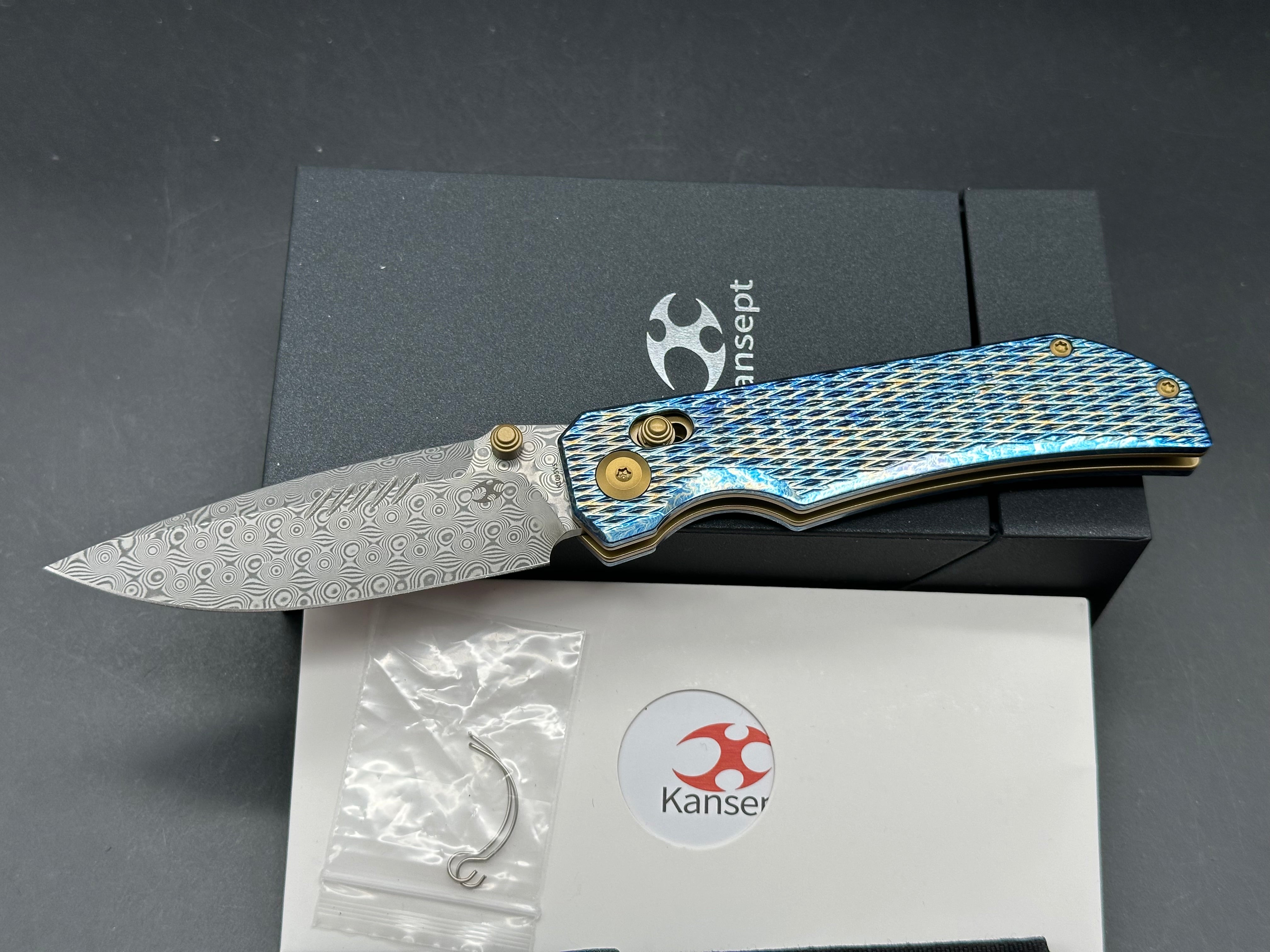 KANSEPT EAGLESTRIKE CROSSBAR LOCK KNIFE LIGHTNING STRIKE FINISH TITANIUM 3.73'' DAMASCUS BLADE
