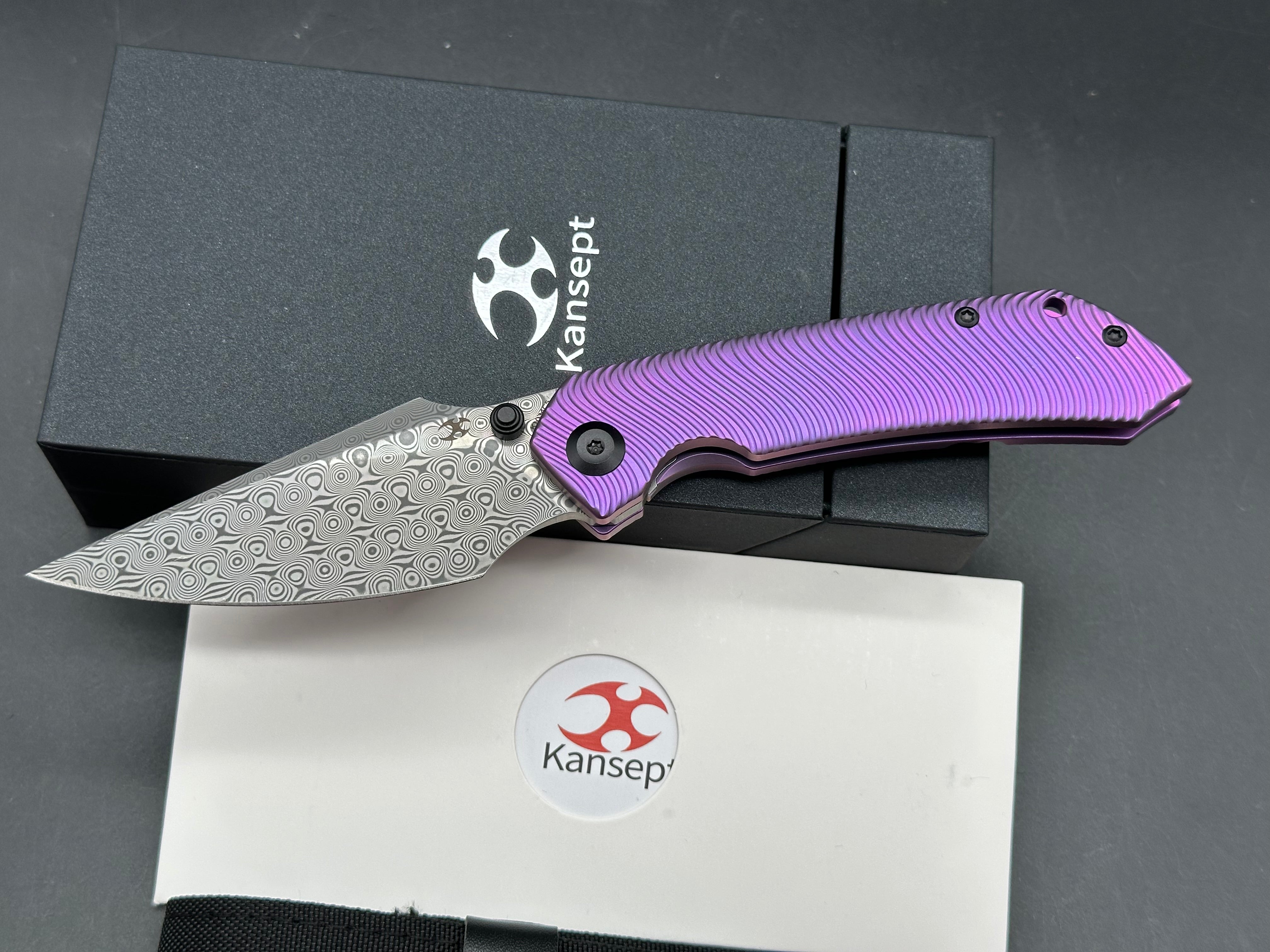 KANSEPT FENRIR PURPLE ANODIZED TITANIUM MICRO MILLED WATER RIPPLE HANDLE (3.48'' DAMASCUS BLADE)