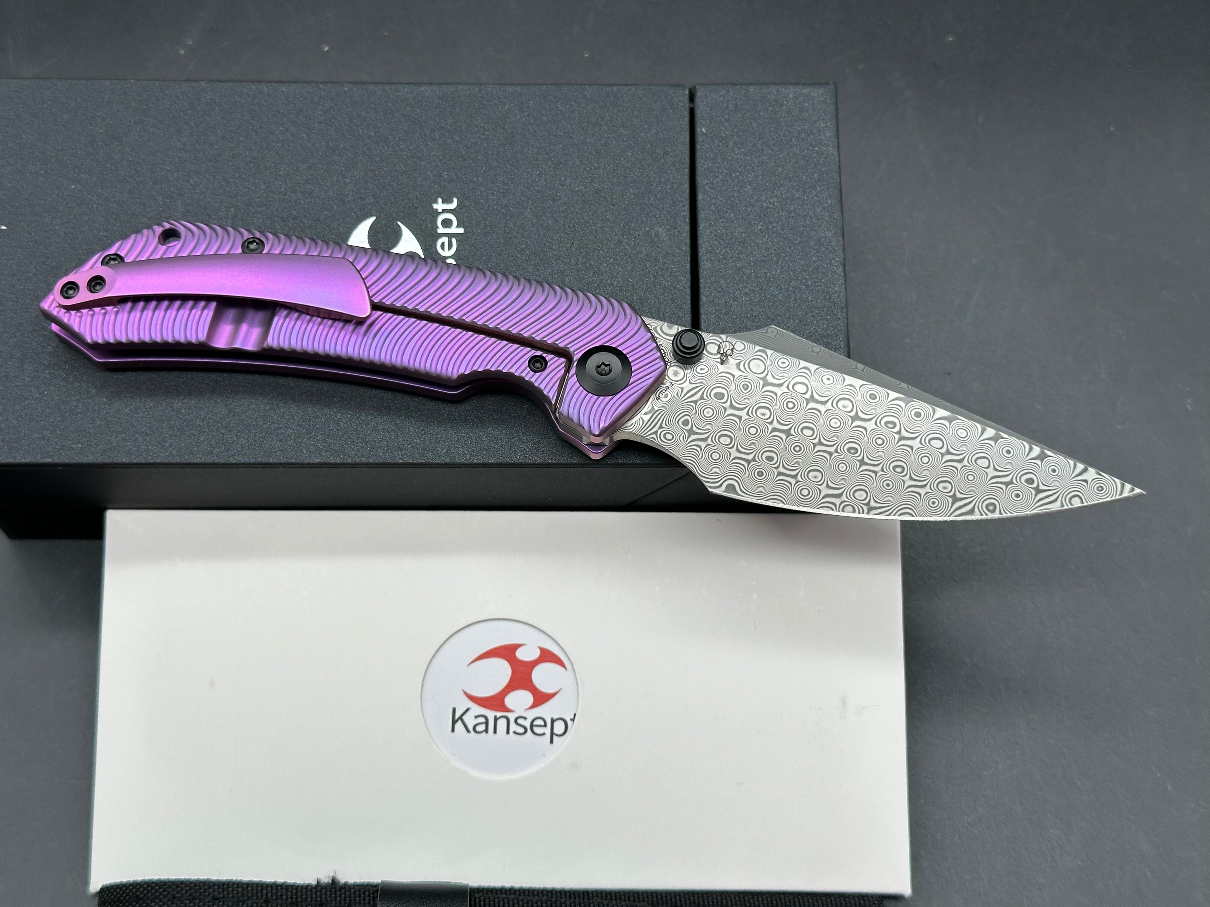 KANSEPT FENRIR PURPLE ANODIZED TITANIUM MICRO MILLED WATER RIPPLE HANDLE (3.48'' DAMASCUS BLADE)