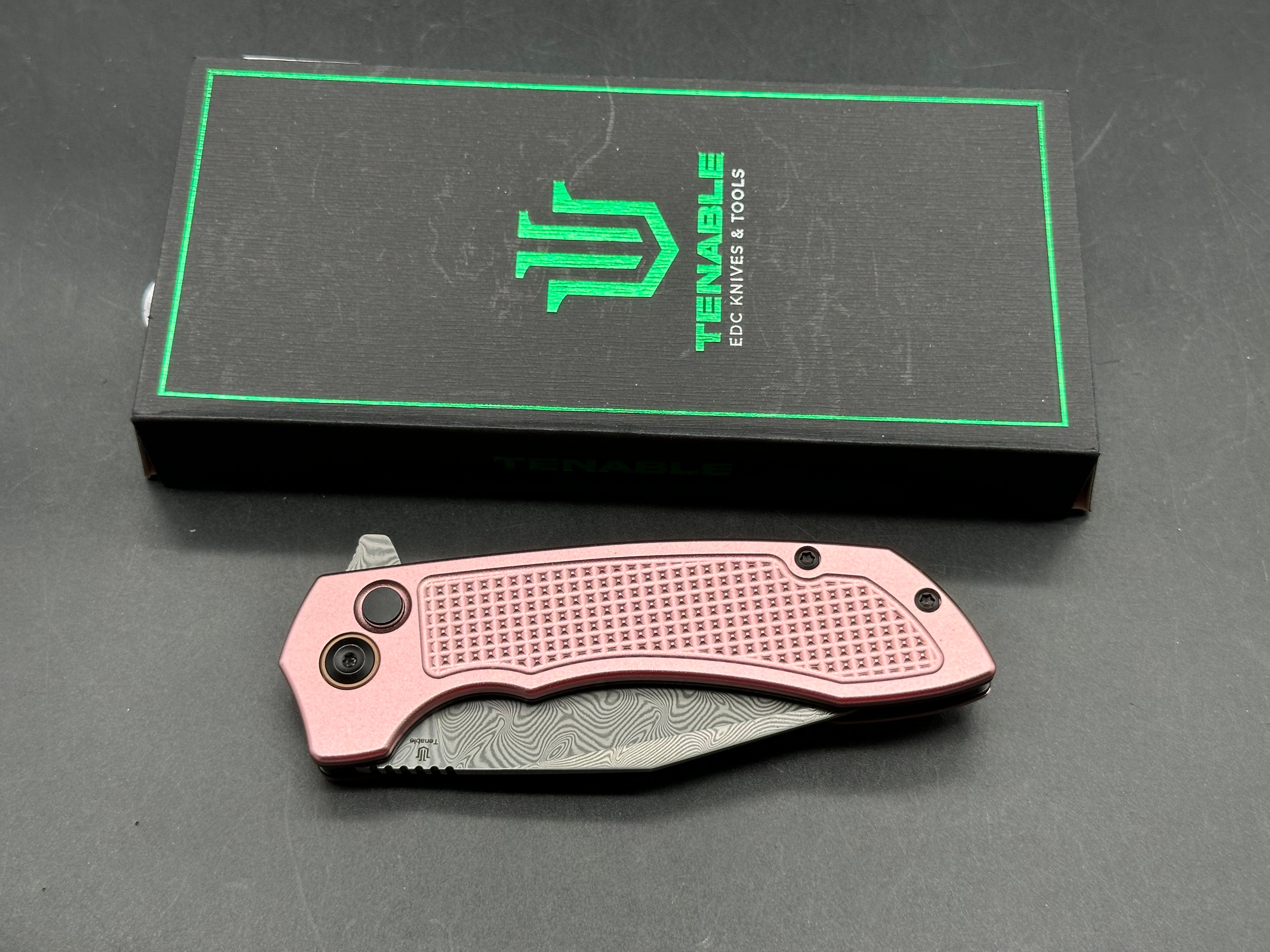 Entity Button Lock Flipper Knife - 3.52'' Water Ripple Damascus Blade| Rose Gold Aluminum Handle