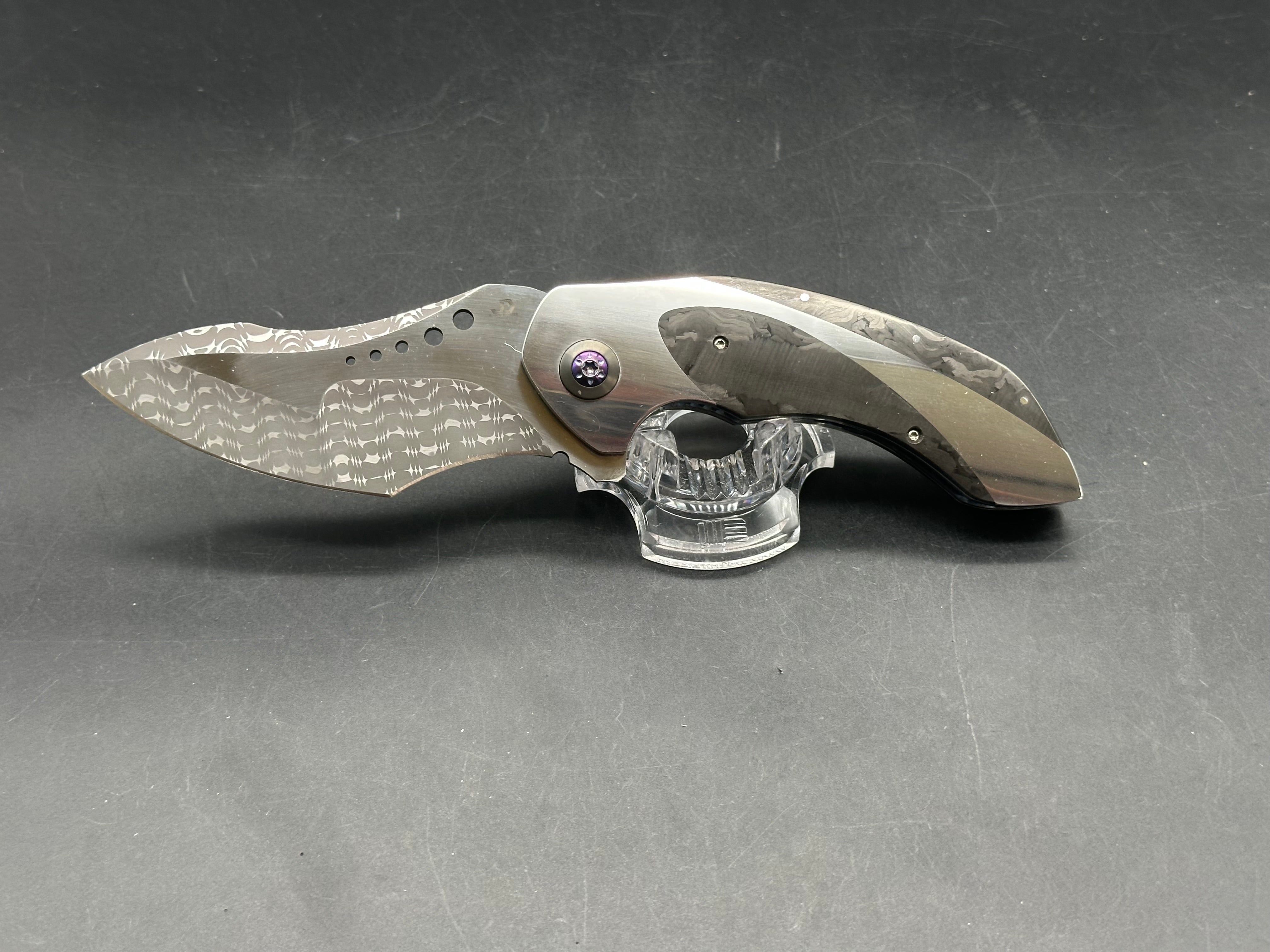 JD Vandeventer Sympatico: 3.75 inch Damascus blade with mirror polished flats. Handle with mirror polished titanium scales