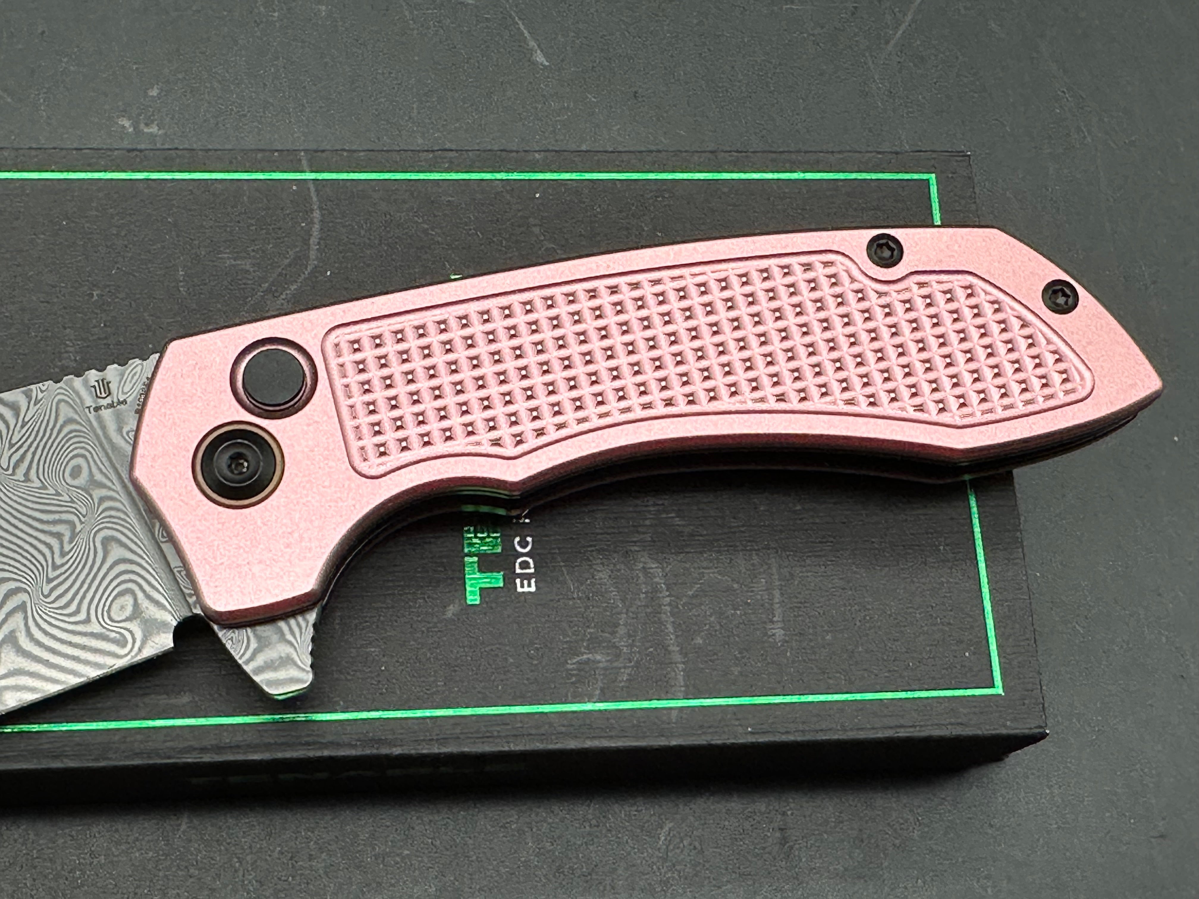 Entity Button Lock Flipper Knife - 3.52'' Water Ripple Damascus Blade| Rose Gold Aluminum Handle