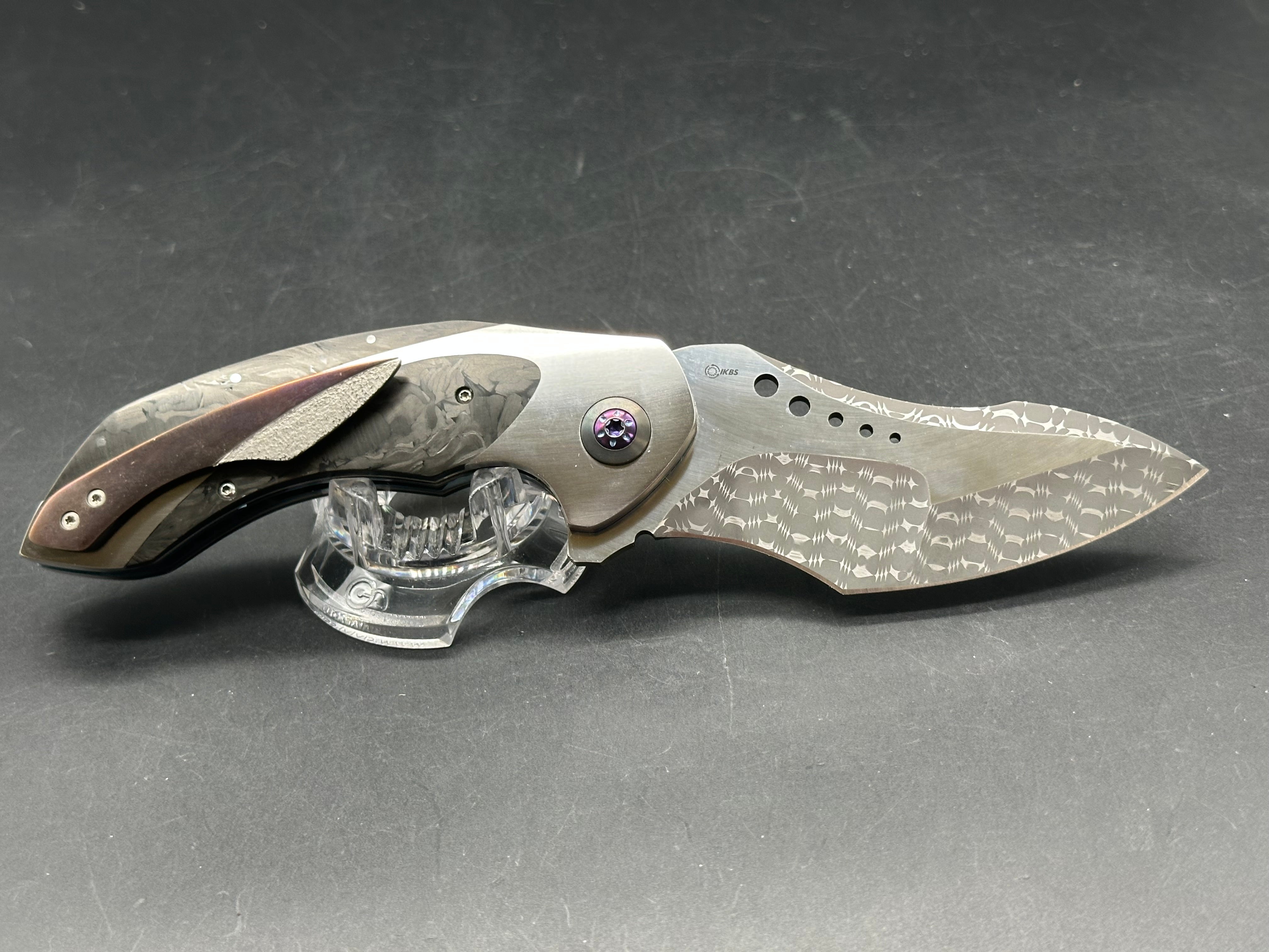 JD Vandeventer Sympatico: 3.75 inch Damascus blade with mirror polished flats. Handle with mirror polished titanium scales