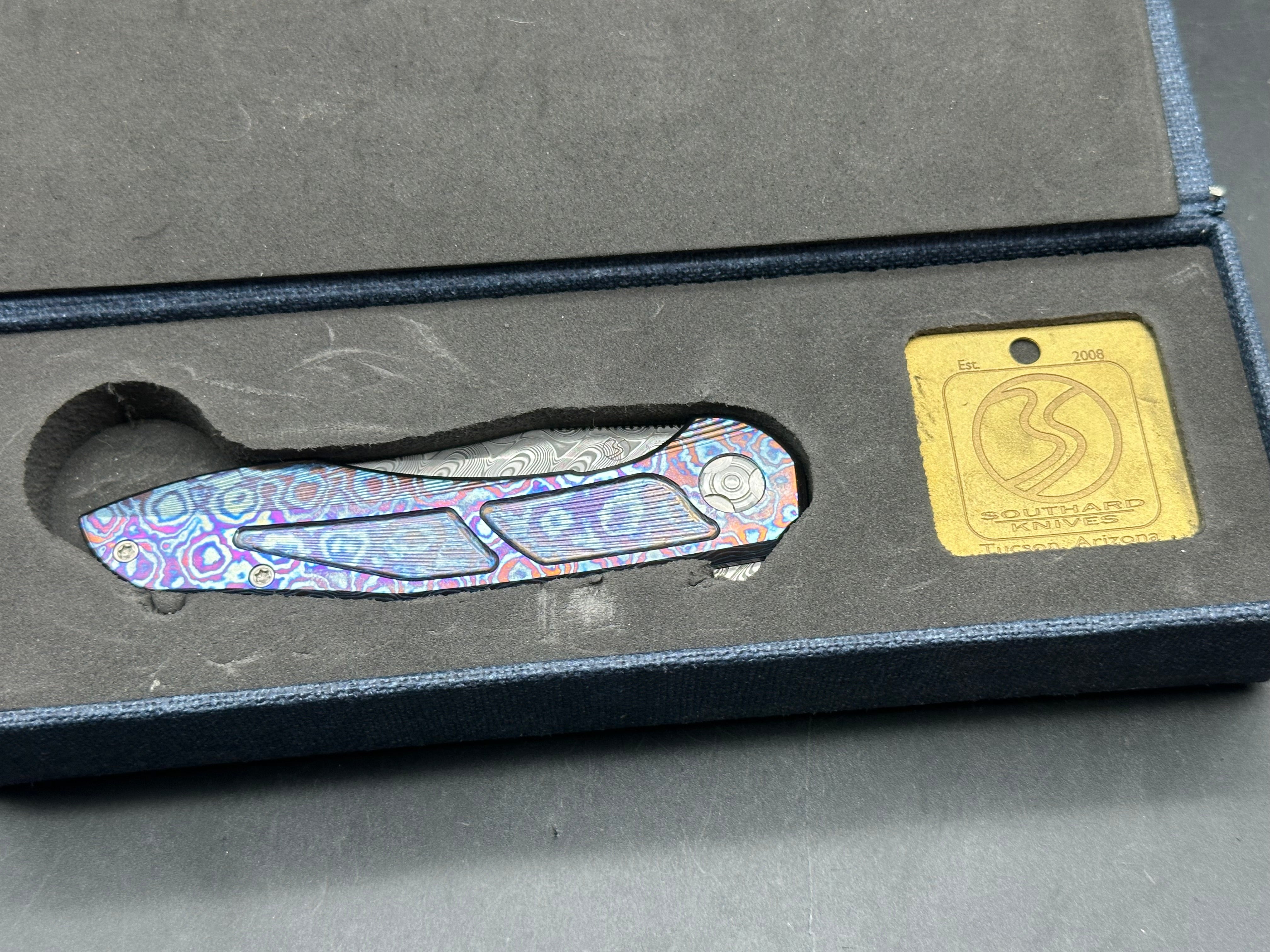 Brad Southard Mini Tolk Full Dress: 3.25 inch USA Damasteel blade. Mokuti scales with matching Mokuti backspacer and clip