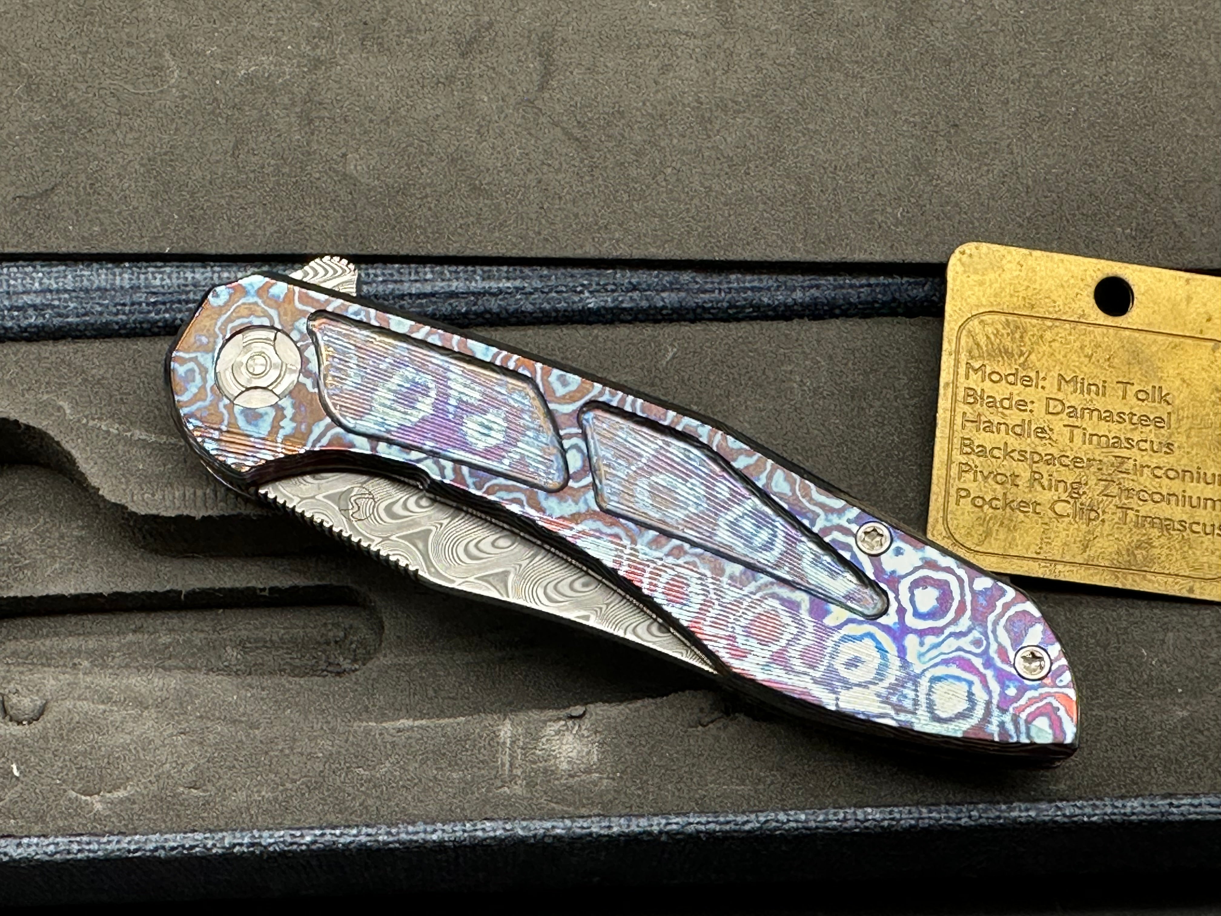 Brad Southard Mini Tolk Full Dress: 3.25 inch USA Damasteel blade. Mokuti scales with matching Mokuti backspacer and clip