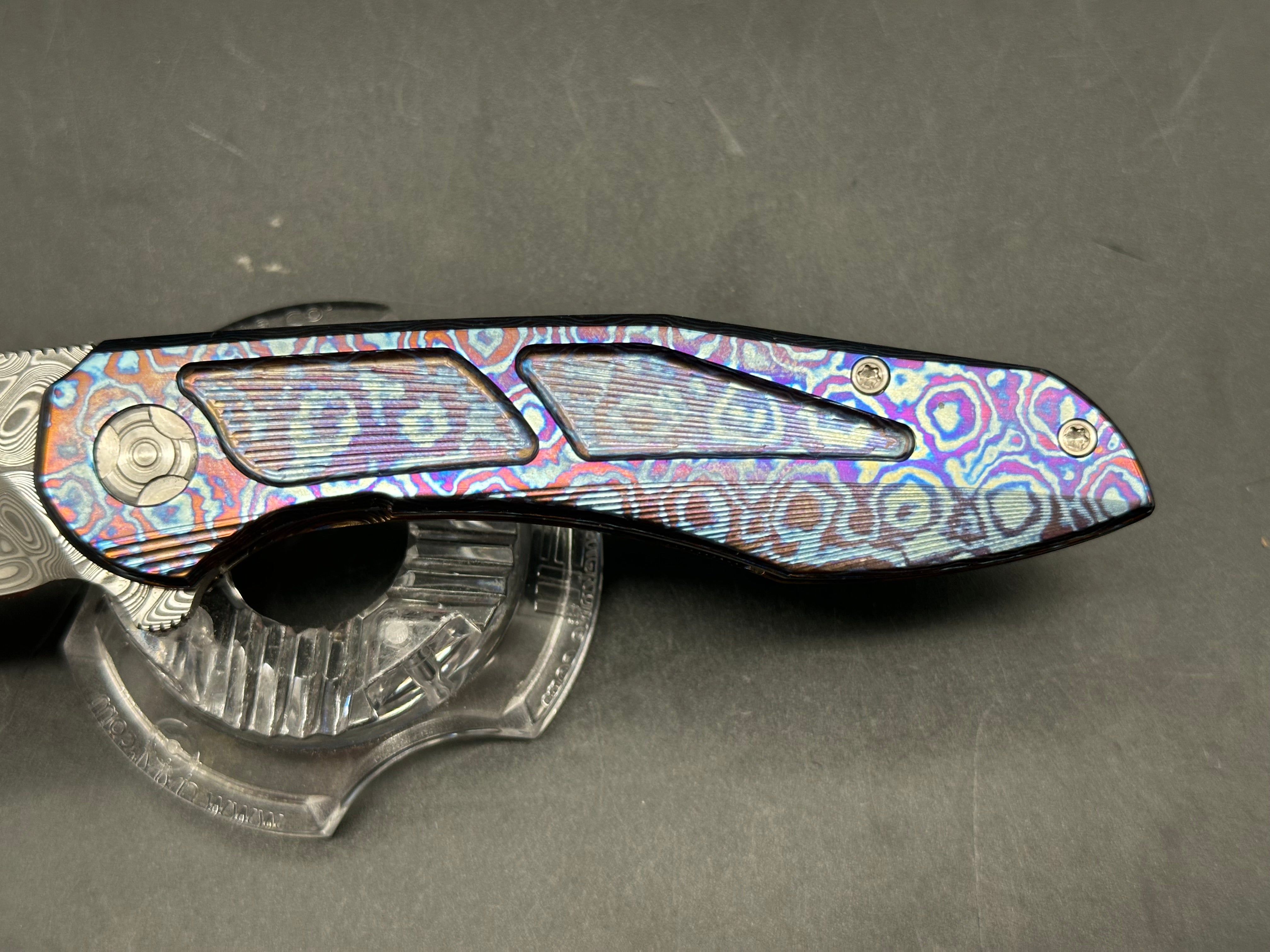 Brad Southard Mini Tolk Full Dress: 3.25 inch USA Damasteel blade. Mokuti scales with matching Mokuti backspacer and clip