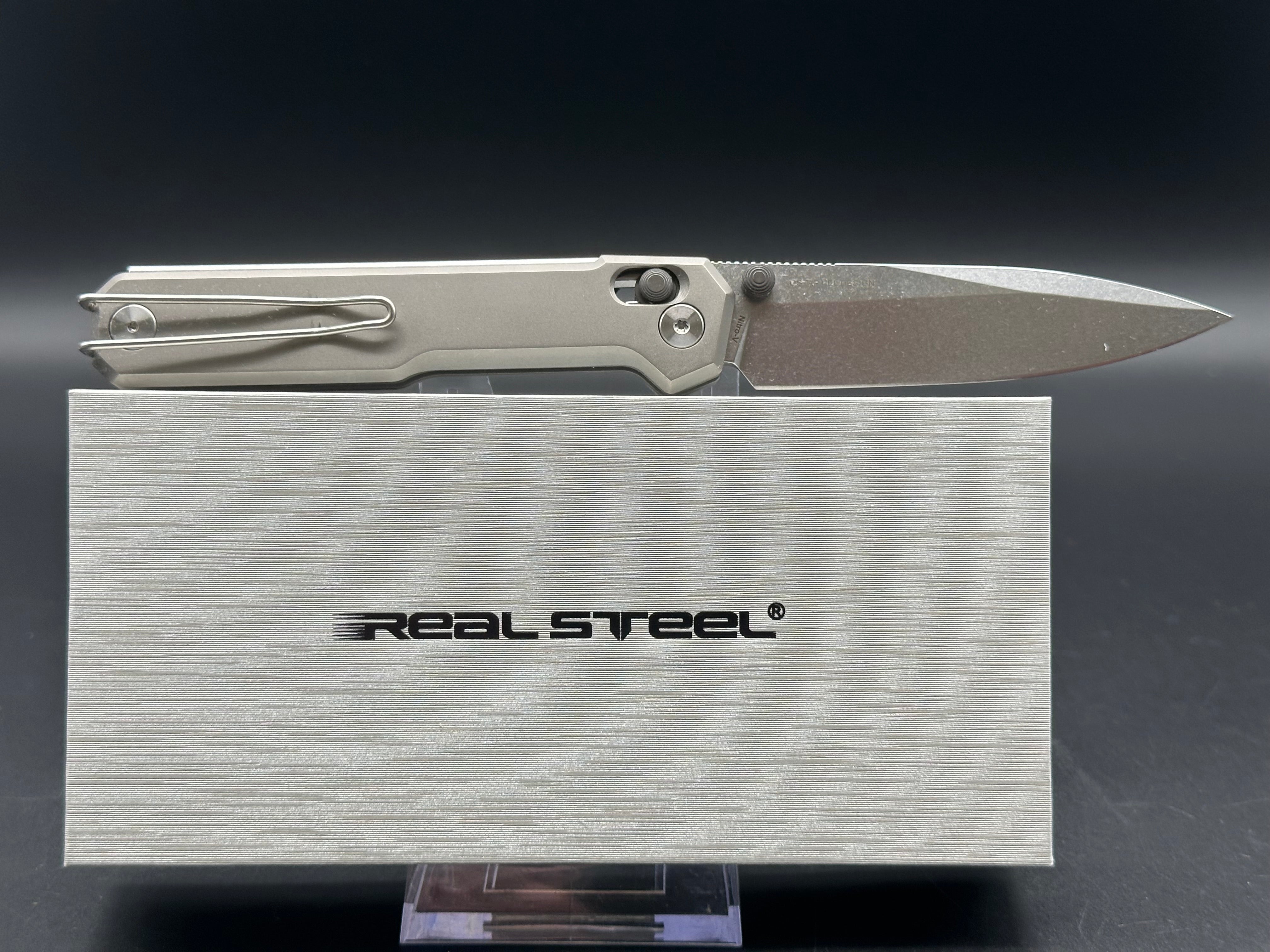 Real Steel Perix 3.5” Nitro-V Stonewash Blade, Stonewash Titanium Handle