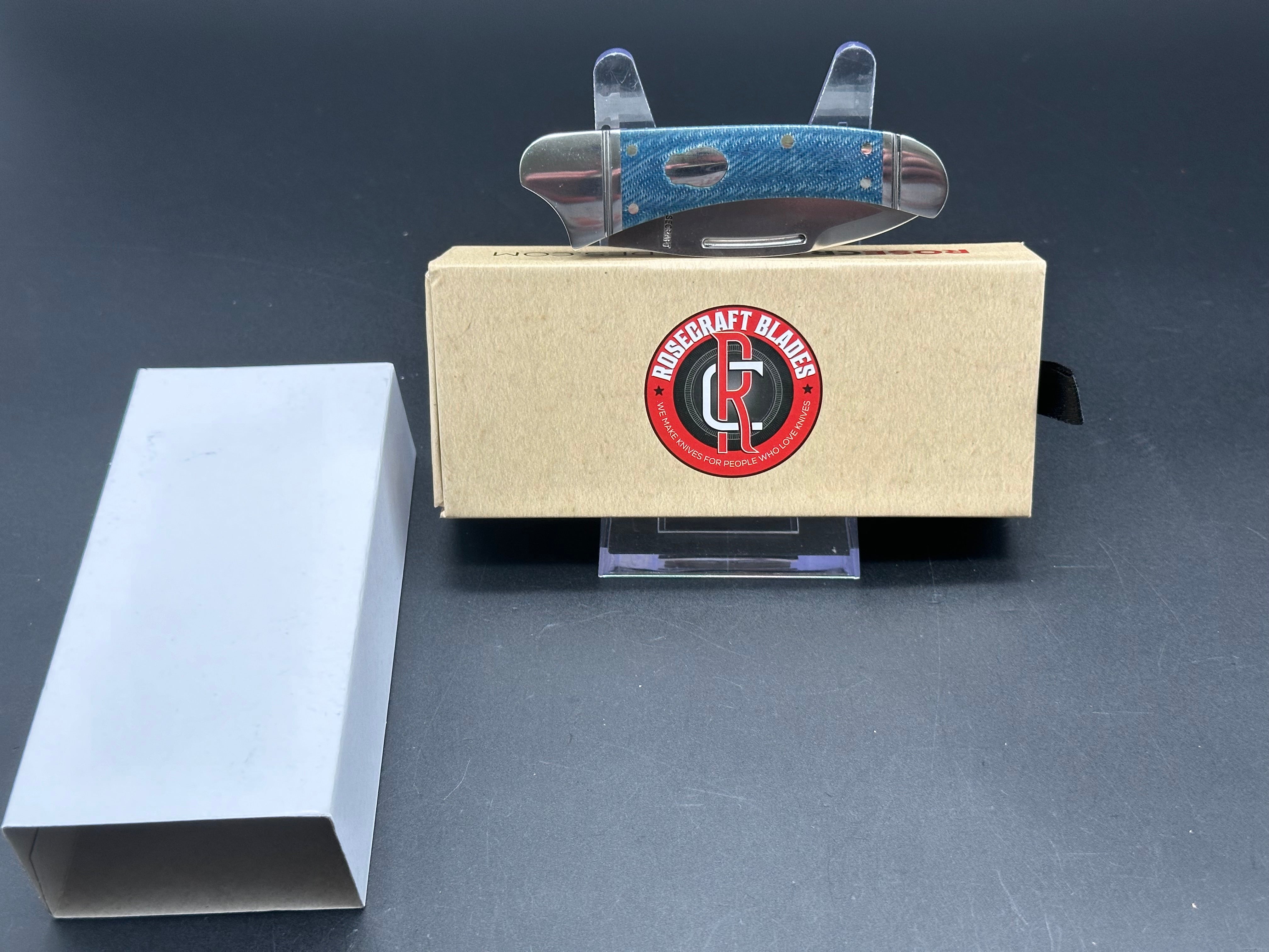 Rose Craft Zambezi, 2.5” D2 Satin Spear Point Blade, Blue Micarta and Steel Handle.