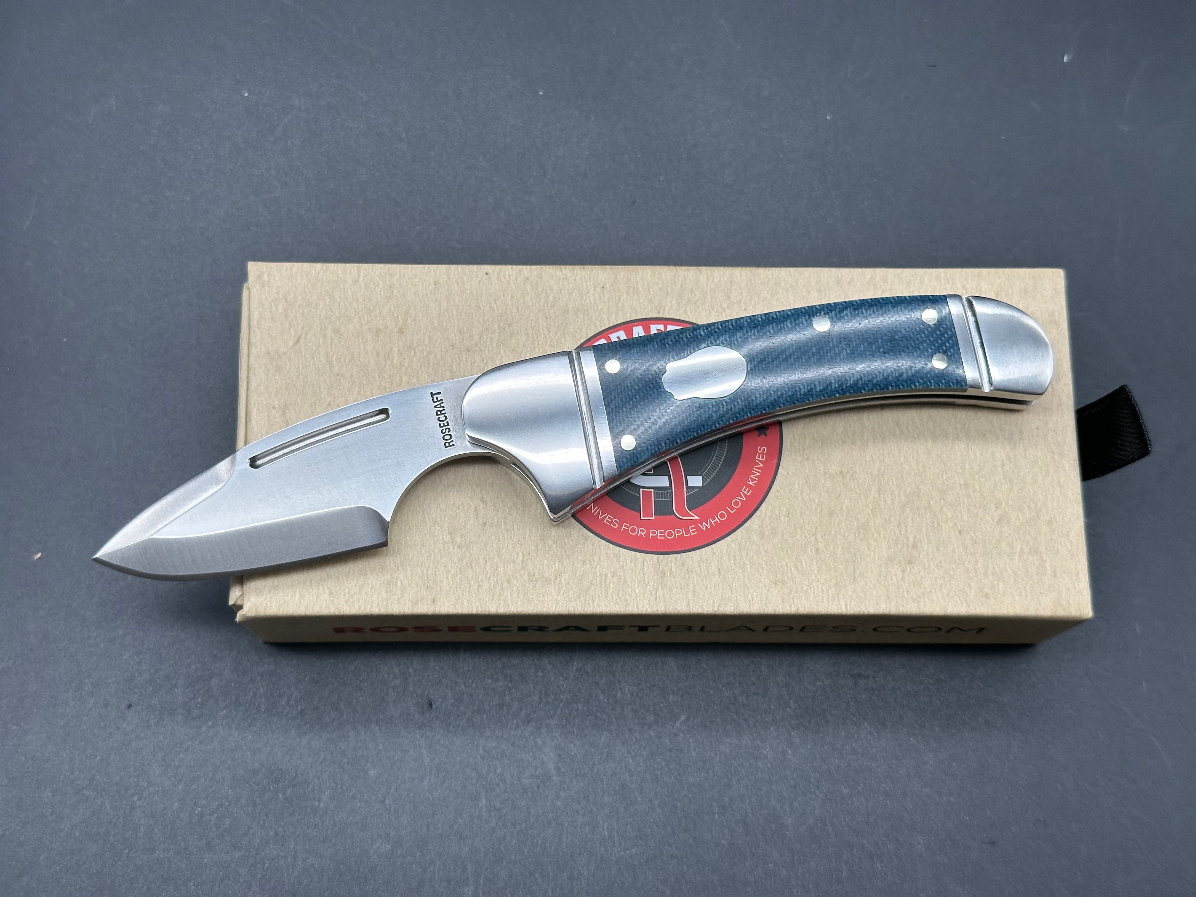 Rose Craft Zambezi, 2.5” D2 Satin Spear Point Blade, Blue Micarta and Steel Handle.
