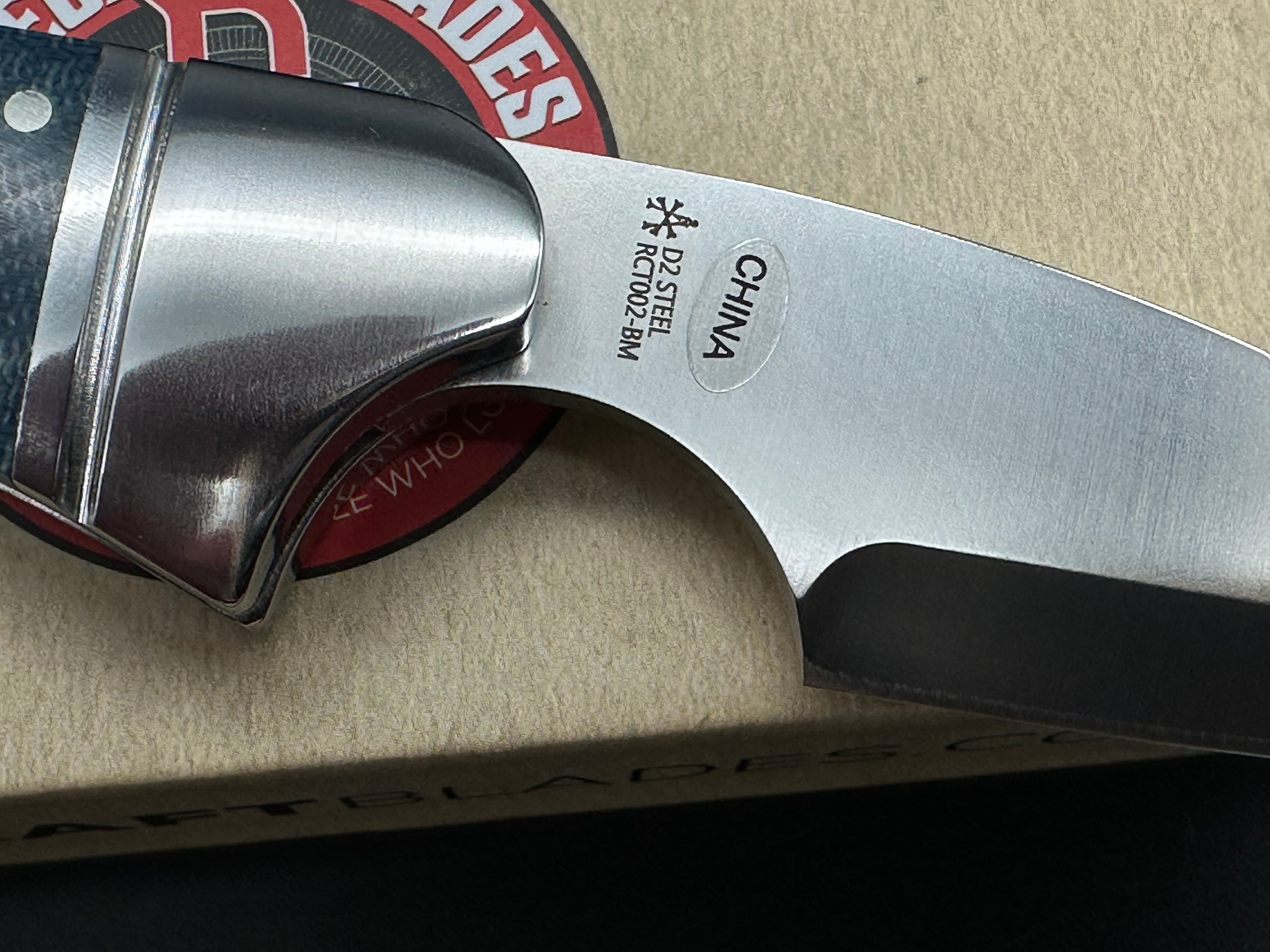 Rose Craft Zambezi, 2.5” D2 Satin Spear Point Blade, Blue Micarta and Steel Handle.