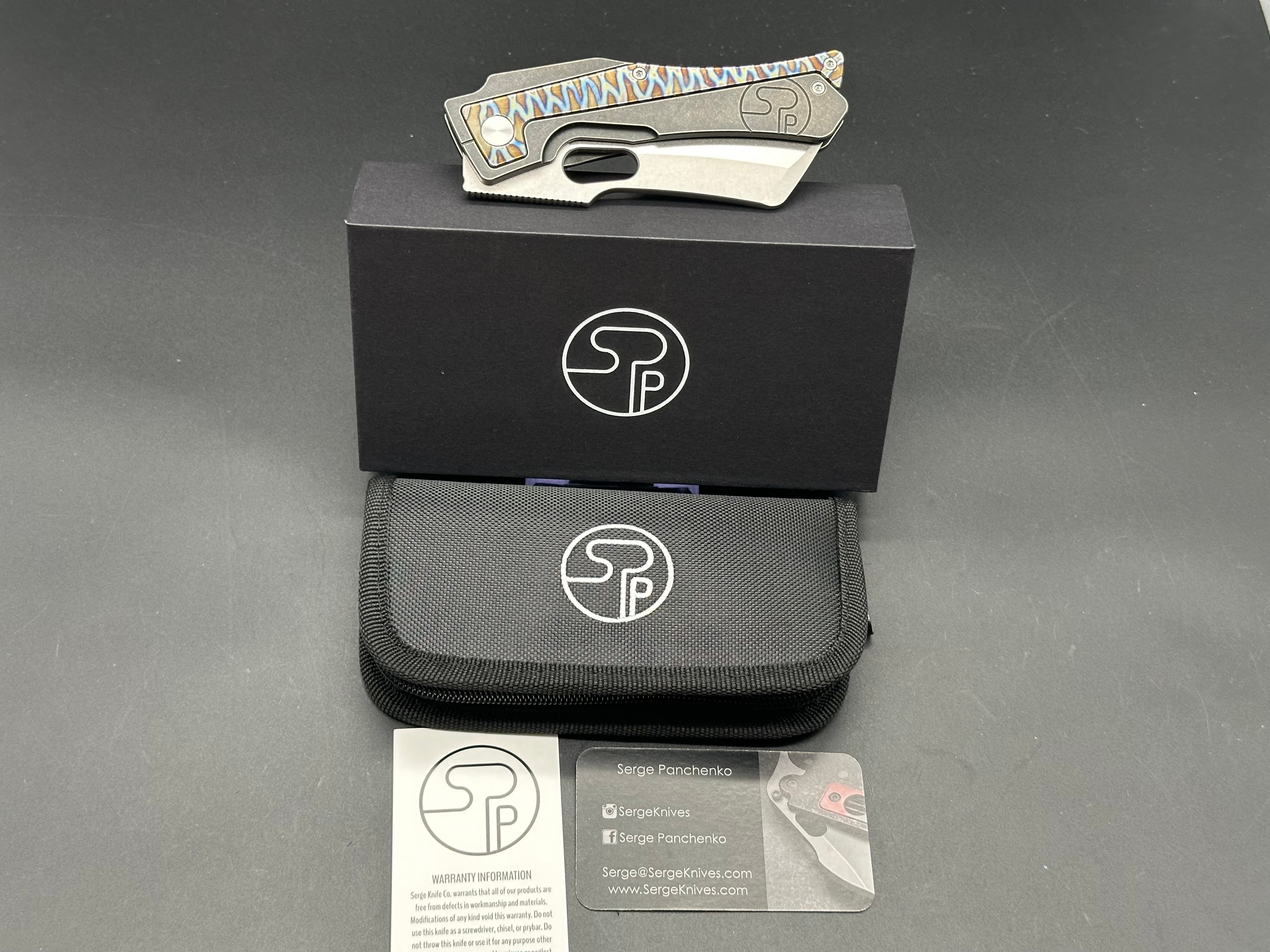 Serge Panchenko Production Trisect Folding Knife 3.75" M390 Stonewashed Cleaver Blade, Black DLC Stonewashed Titanium Handles with Flamed Titanium Inlays