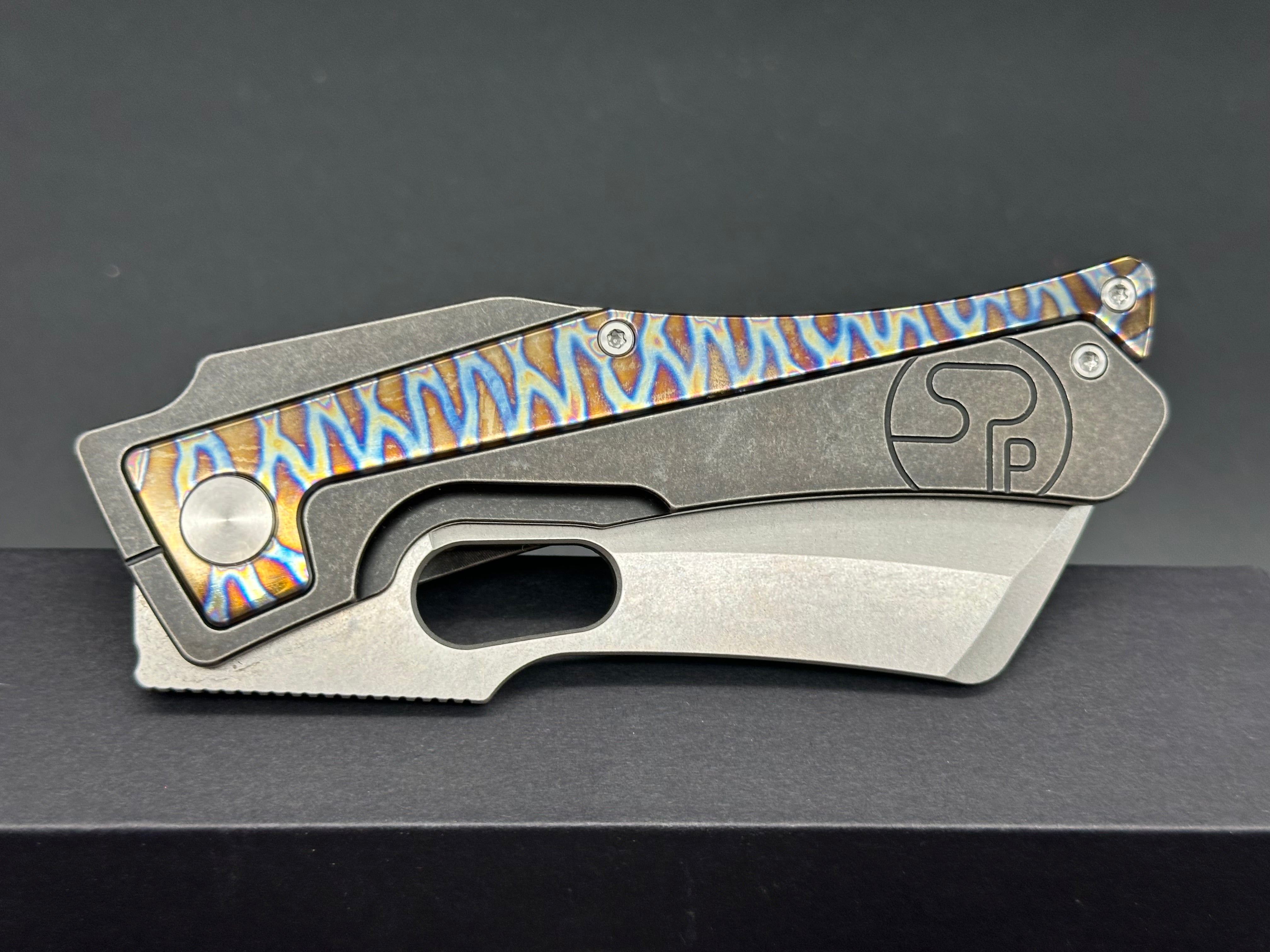 Serge Panchenko Production Trisect Folding Knife 3.75" M390 Stonewashed Cleaver Blade, Black DLC Stonewashed Titanium Handles with Flamed Titanium Inlays