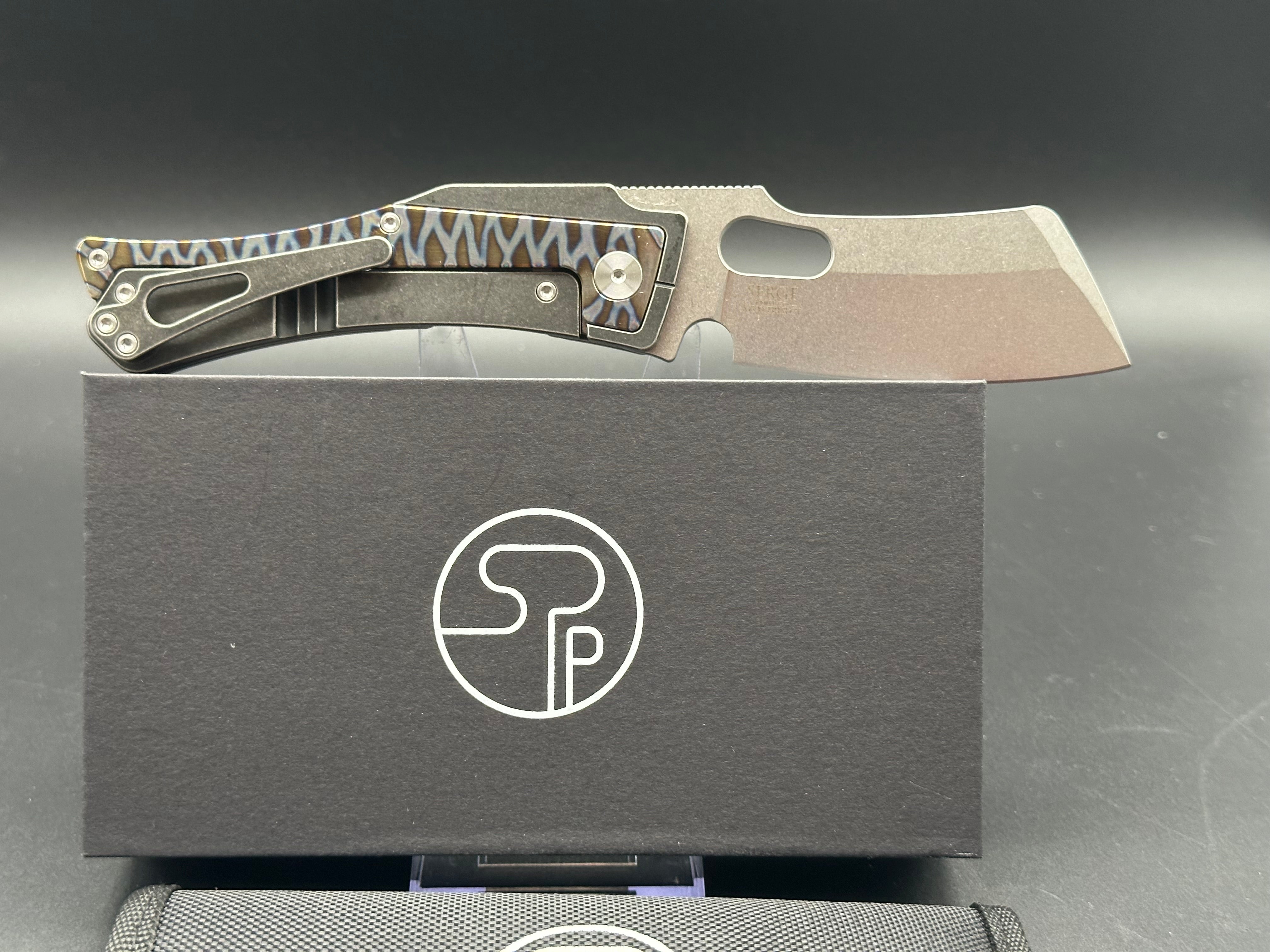 Serge Panchenko Production Trisect Folding Knife 3.75" M390 Stonewashed Cleaver Blade, Black DLC Stonewashed Titanium Handles with Flamed Titanium Inlays