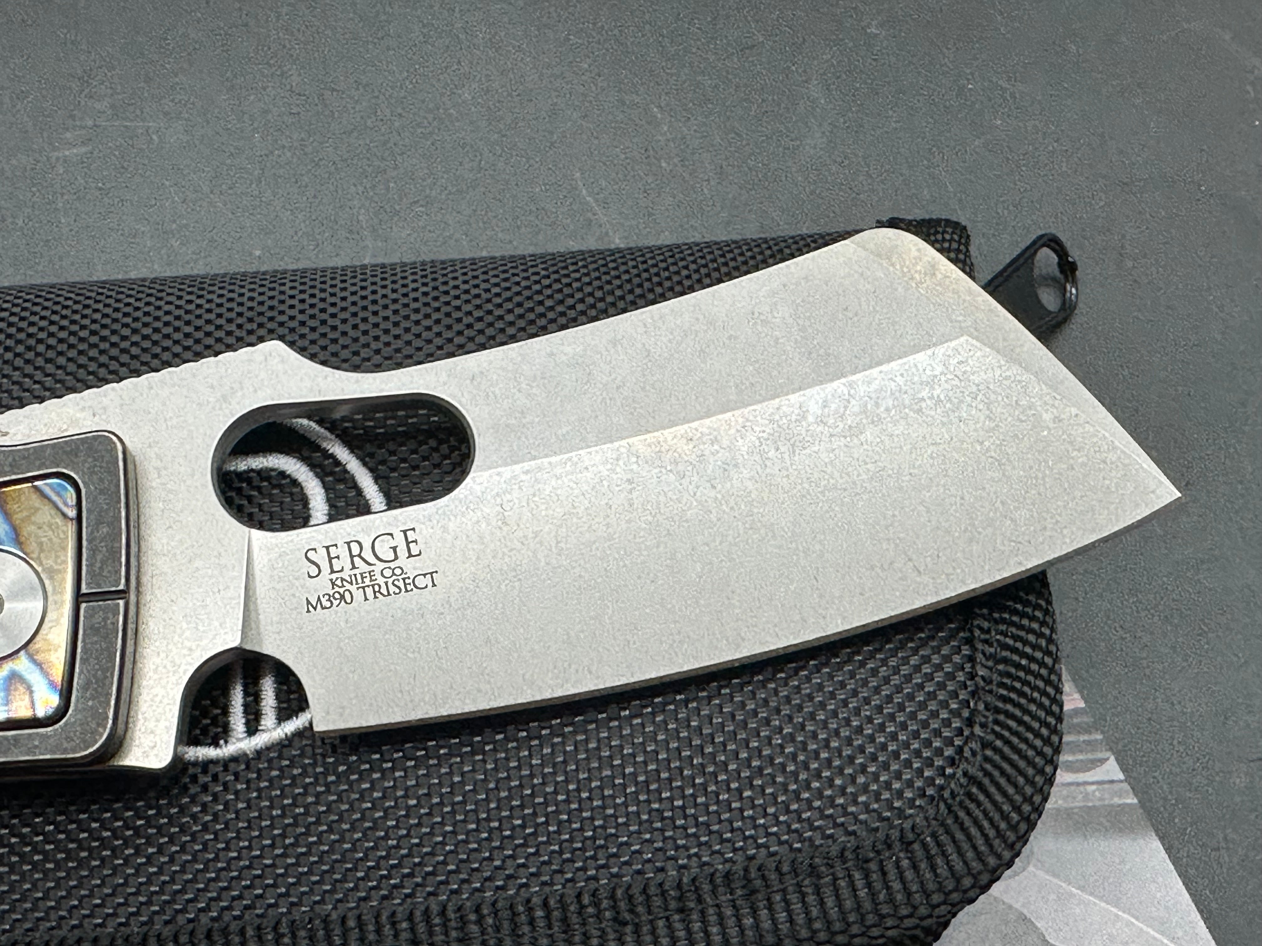 Serge Panchenko Production Trisect Folding Knife 3.75" M390 Stonewashed Cleaver Blade, Black DLC Stonewashed Titanium Handles with Flamed Titanium Inlays