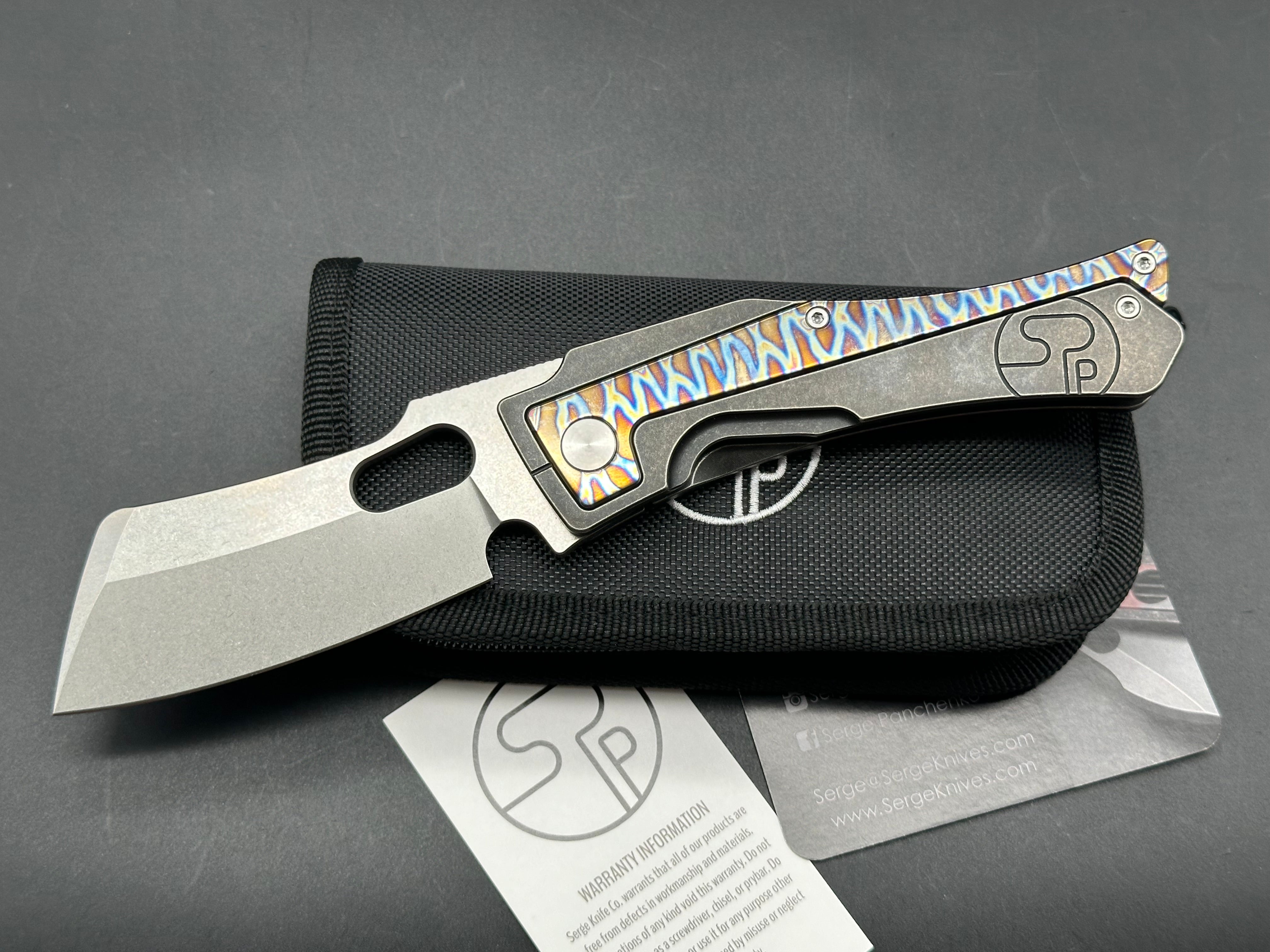 Serge Panchenko Production Trisect Folding Knife 3.75" M390 Stonewashed Cleaver Blade, Black DLC Stonewashed Titanium Handles with Flamed Titanium Inlays