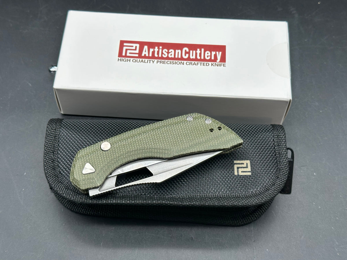 ArtisanCutlery Mousebird Thumb Hole Top Liner Lock EDC Knife Micarta Handle Steel Clip(3'' N690 Stone Wash Blade )
