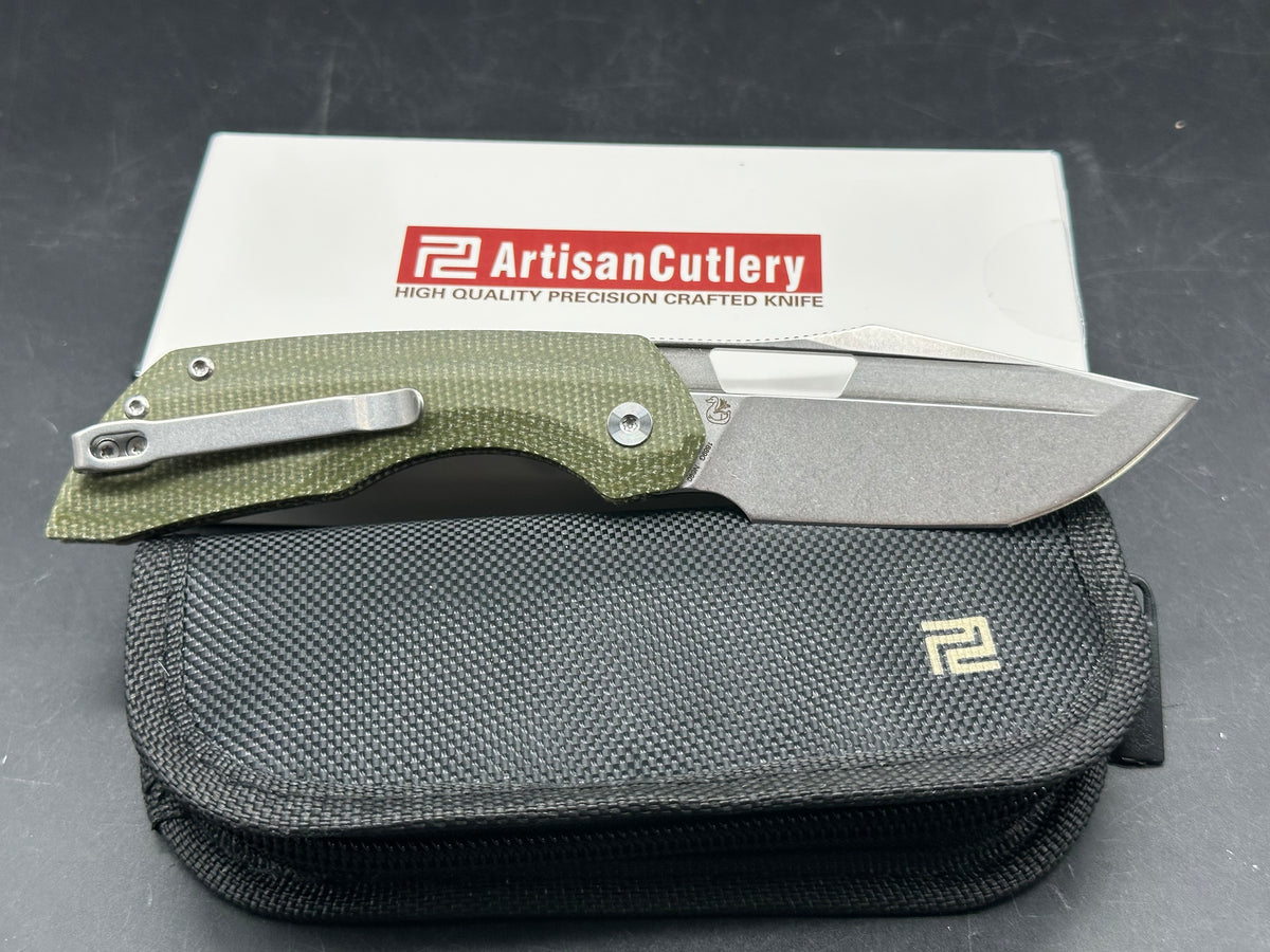 ArtisanCutlery Mousebird Thumb Hole Top Liner Lock EDC Knife Micarta Handle Steel Clip(3'' N690 Stone Wash Blade )
