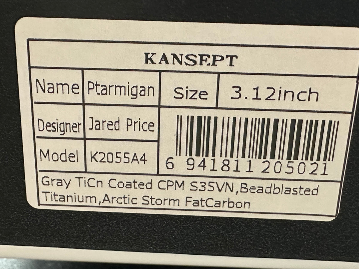 KANSEPT PTARMIGAN BEAD BLAST TITANIUM/ARCTIC STORM FATCARBON HANDLE 3.12" GRAY TICN COATED S35VN DROP POINT