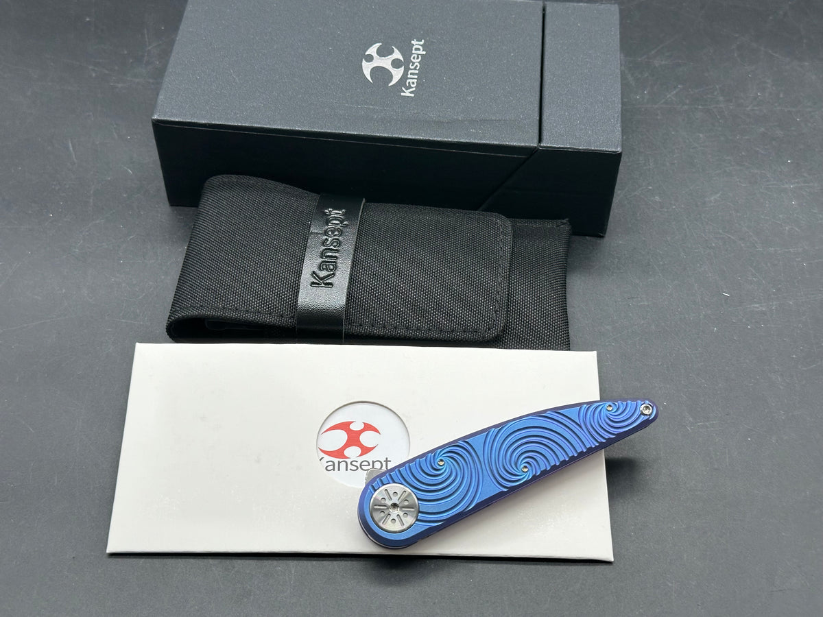 KANSEPT SYMÉTRIX BLUE-PURPLE ANODIZED TITANIUM/SWIRL PATTERN HANDLE 2.85" STONEWASH S35VN