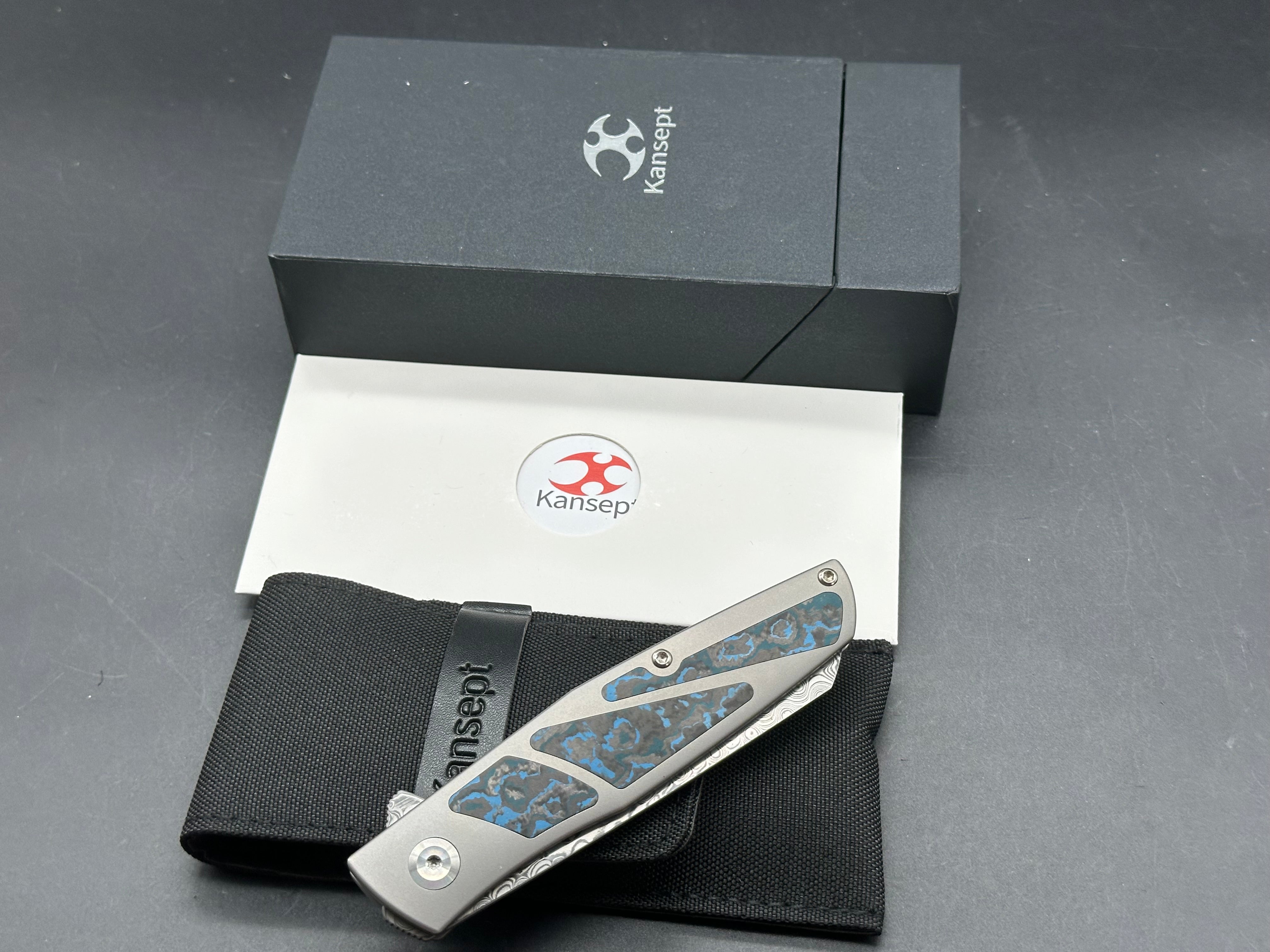 KANSEPT CRU FOLDING KNIFE TITANIUM/ARCTIC STORM FATCARBON HANDLE DAMASCUS PLAIN EDGE
