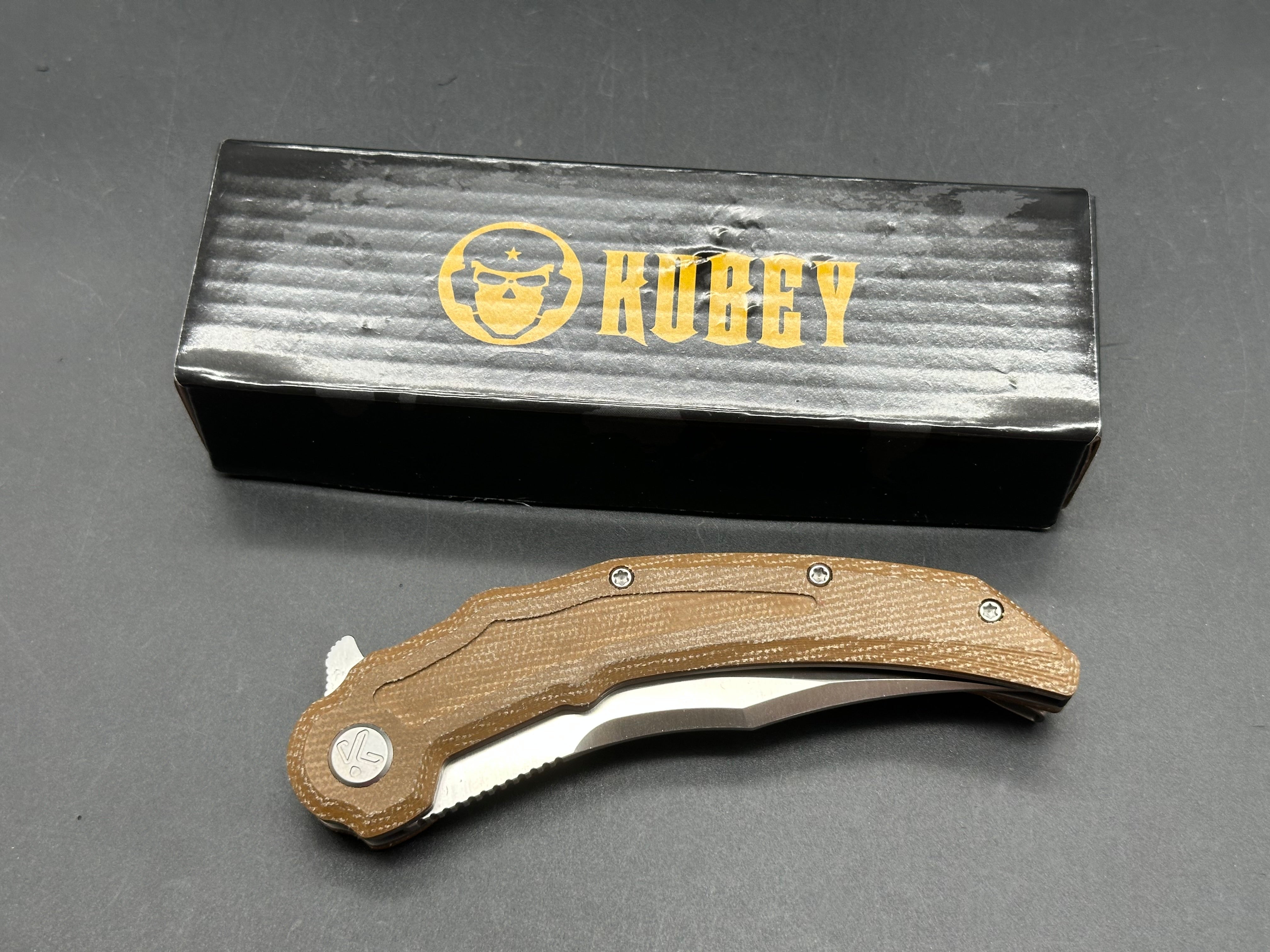 Kubey Wave Crest Liner Lock Pikal Folding Knife Brown Micarta Handle 3.78" Satin 14C28N