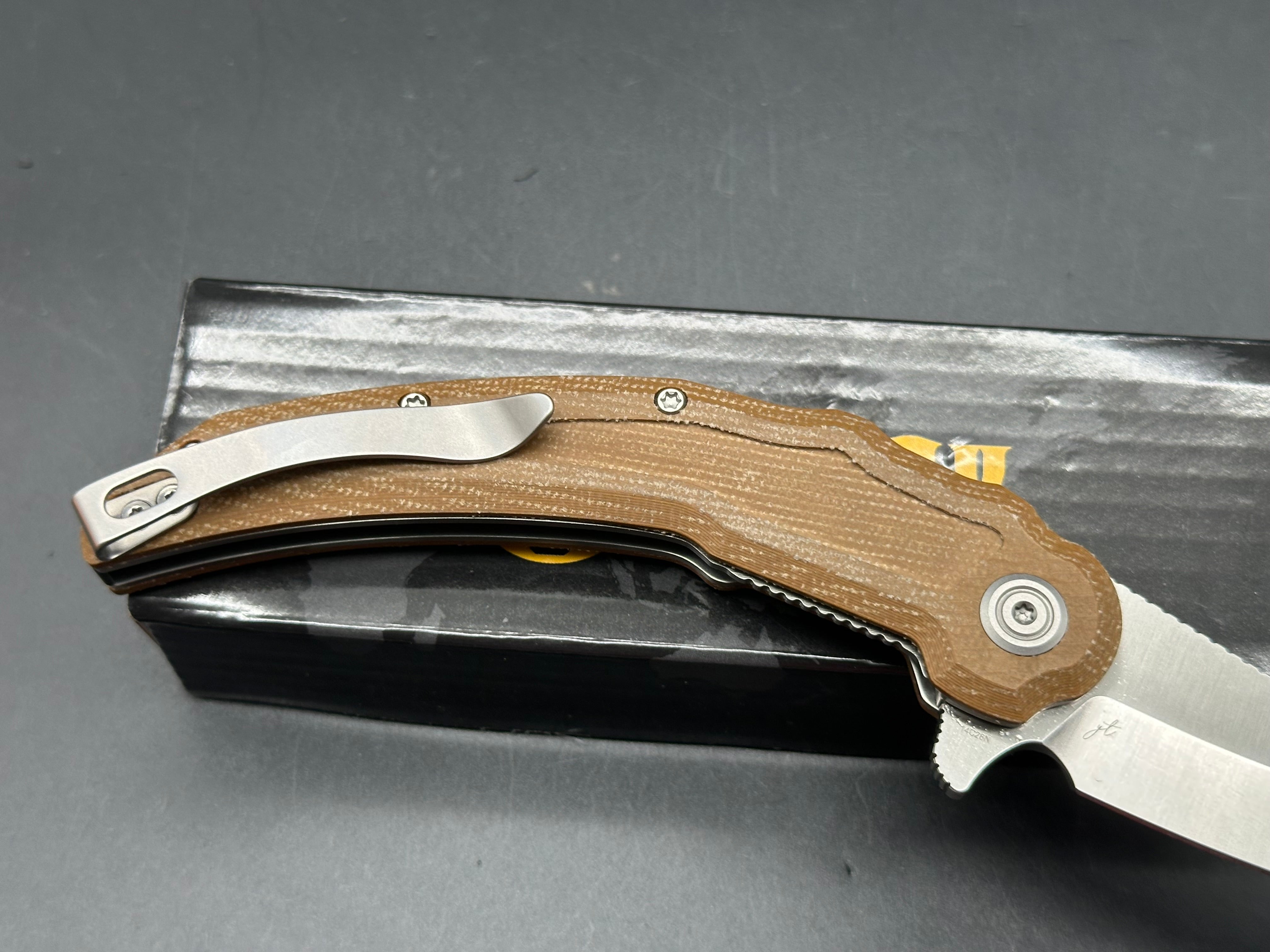 Kubey Wave Crest Liner Lock Pikal Folding Knife Brown Micarta Handle 3.78" Satin 14C28N