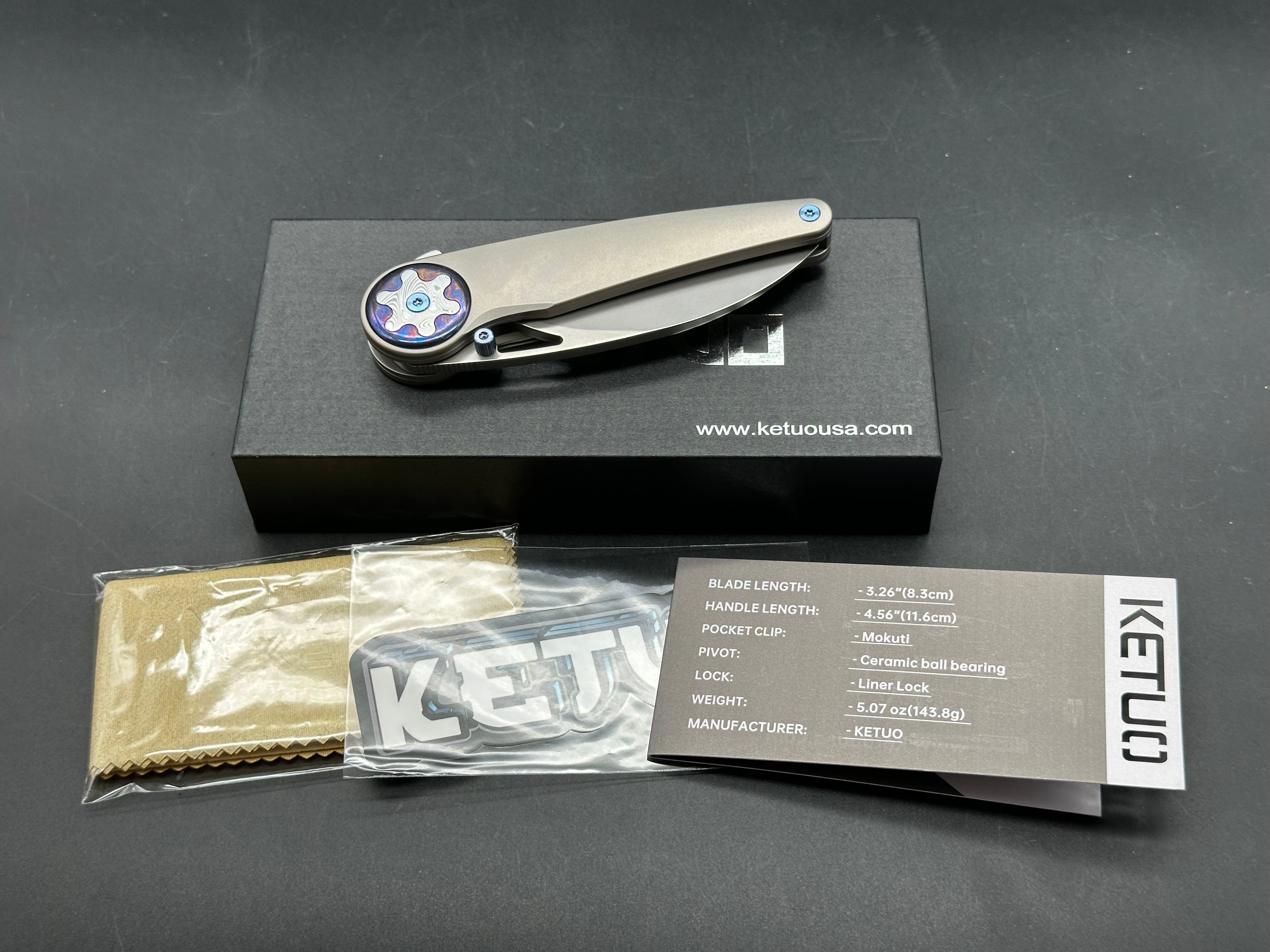 KETUO HAPPY HOUR TITANIUM/TIMASCUS/DAMASTEEL HANDLE M390 PLAIN EDGE