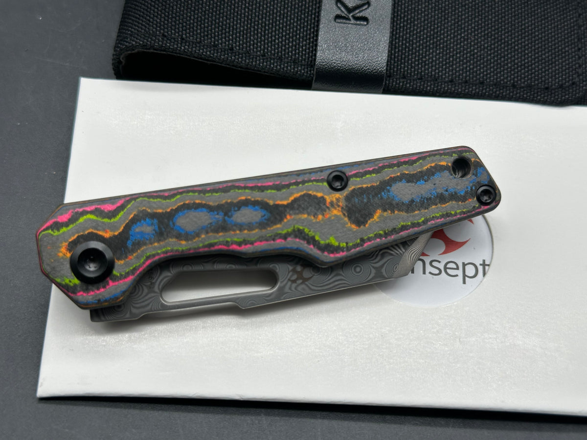 KANSEPT LUCERO FOLDING KNIFE 80S CAMO CARBON FIBER HANDLE 2.6" DAMASCUS REVERSE TANTO PLAIN EDGE