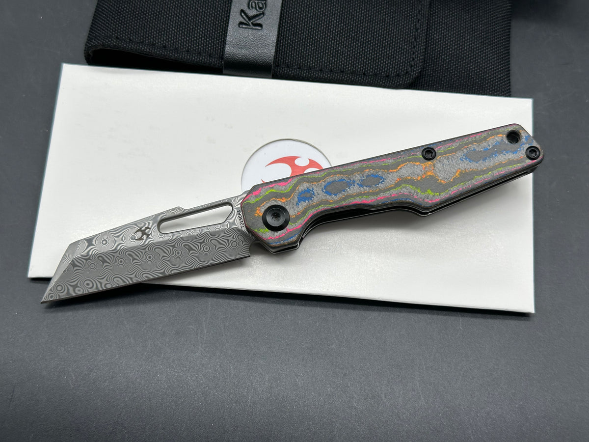 KANSEPT LUCERO FOLDING KNIFE 80S CAMO CARBON FIBER HANDLE 2.6" DAMASCUS REVERSE TANTO PLAIN EDGE