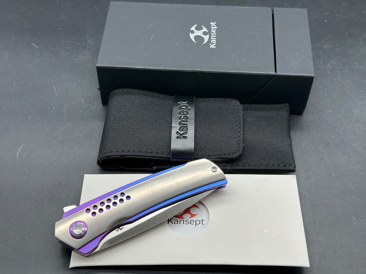 KANSEPT TRACER FOLDING KNIFE NATURAL/BLUE-PURPLE ANODIZED TITANIUM HANDLE 3.5" SATIN S35VN DROP POINT PLAIN EDGE